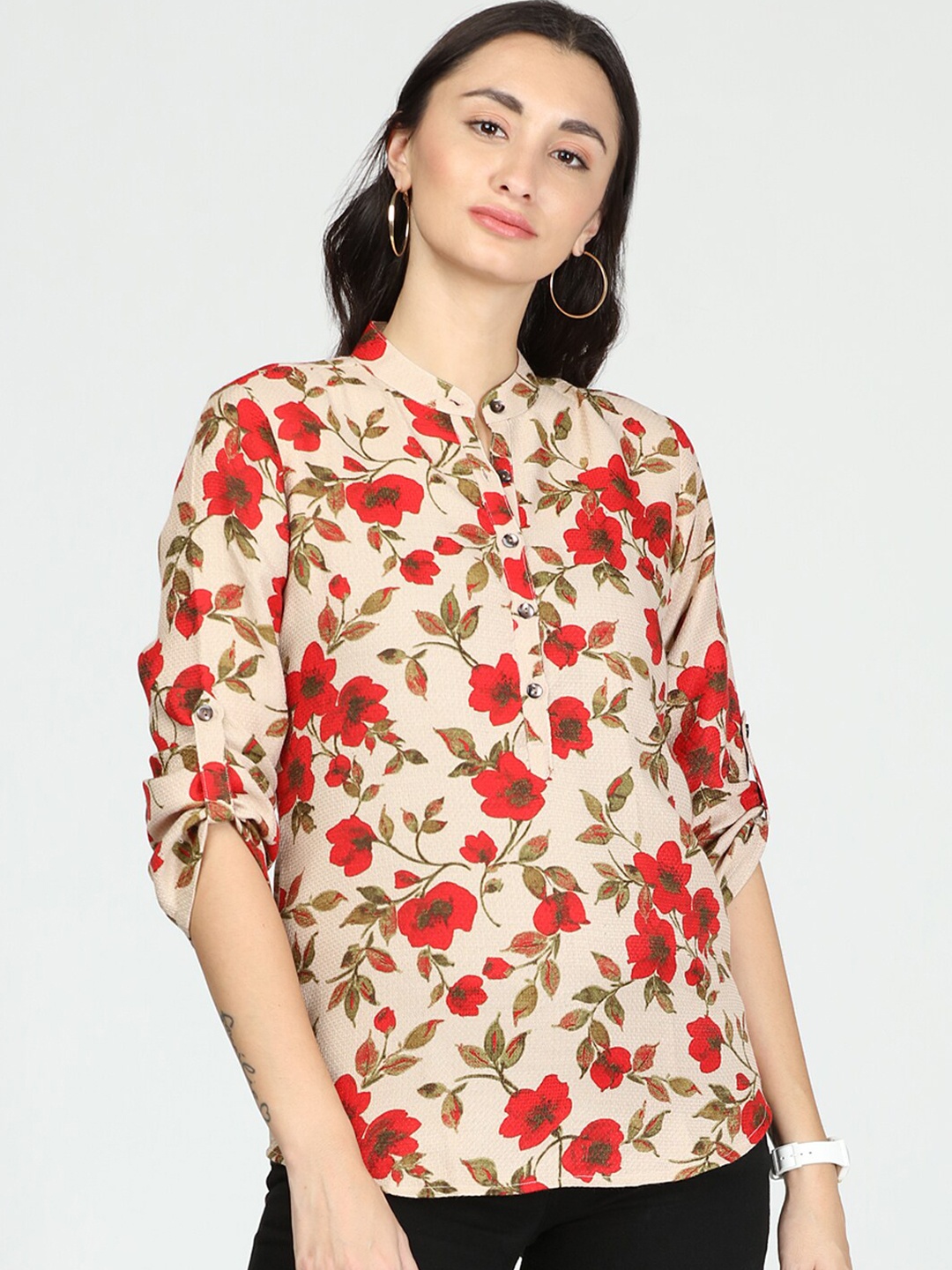

IDK Beige & Red Floral Print Mandarin Collar Roll-Up Sleeves Shirt Style Top