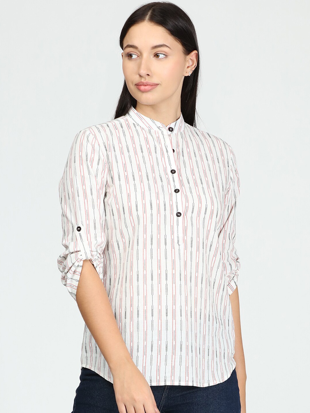 

IDK White & Red Striped Cotton Mandarin Collar Roll-Up Sleeves Shirt Style Top