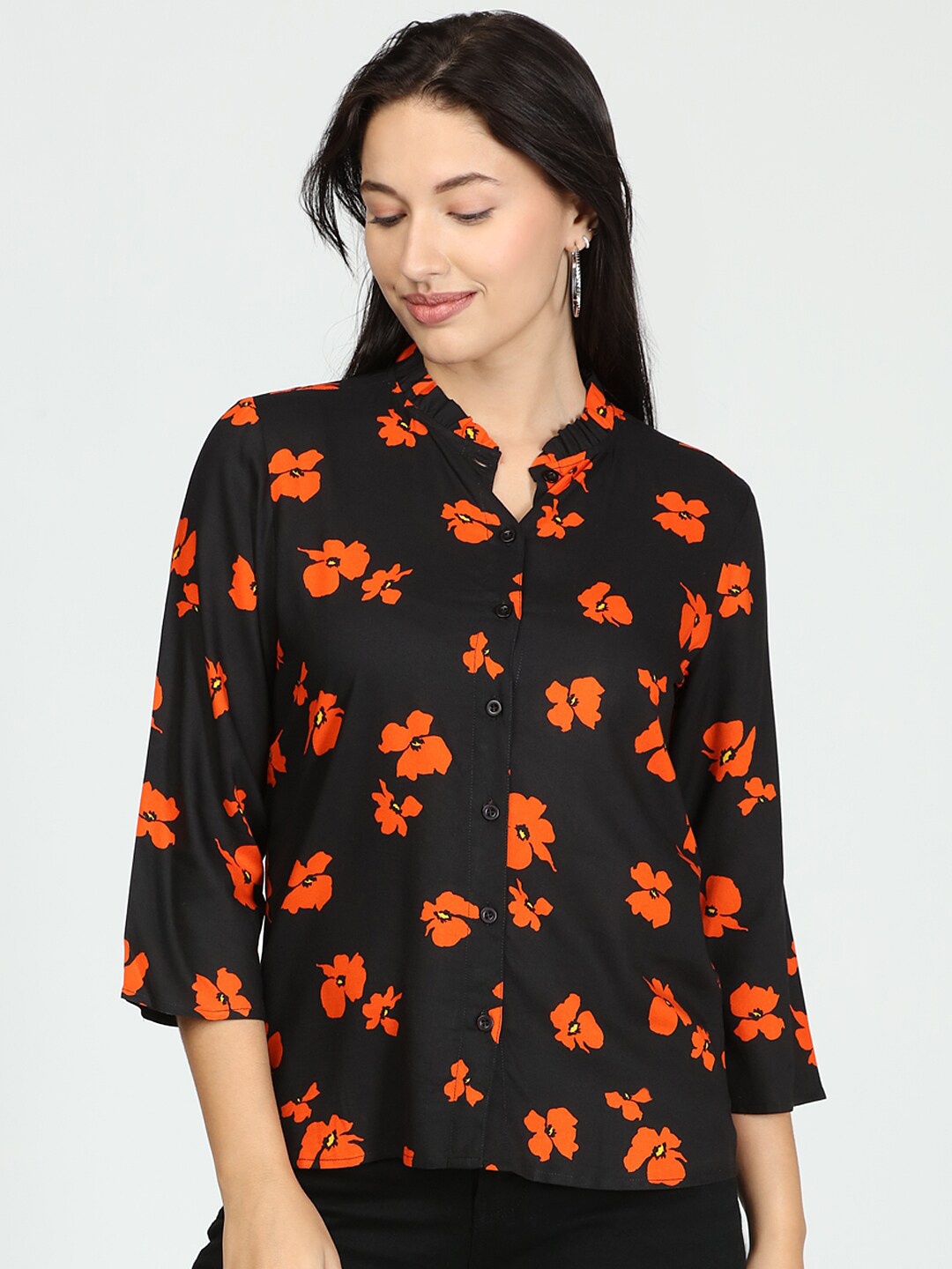 

IDK Women Black Floral Printed Shirt Style Top