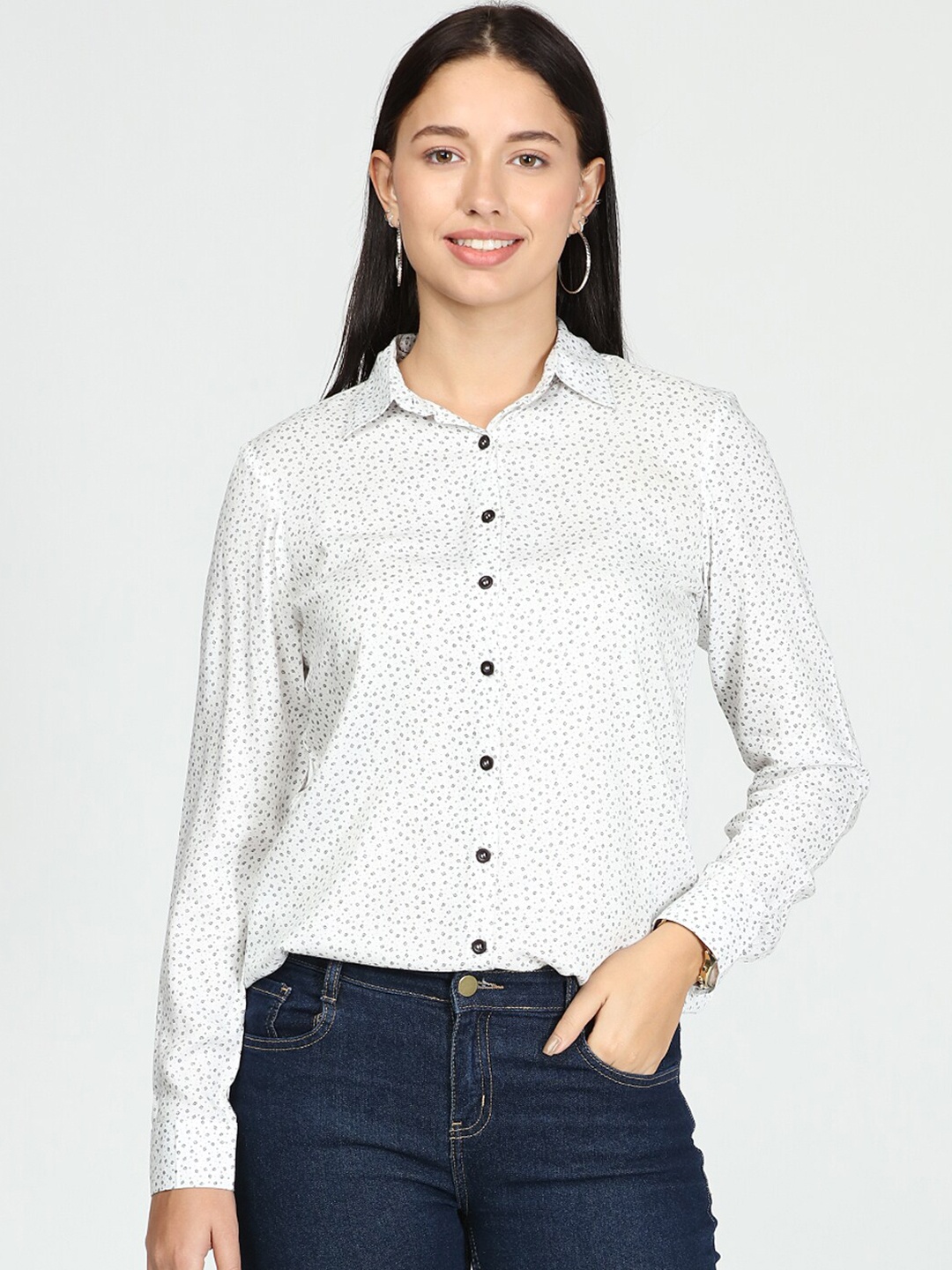 

IDK White Geometric Print Shirt Style Top