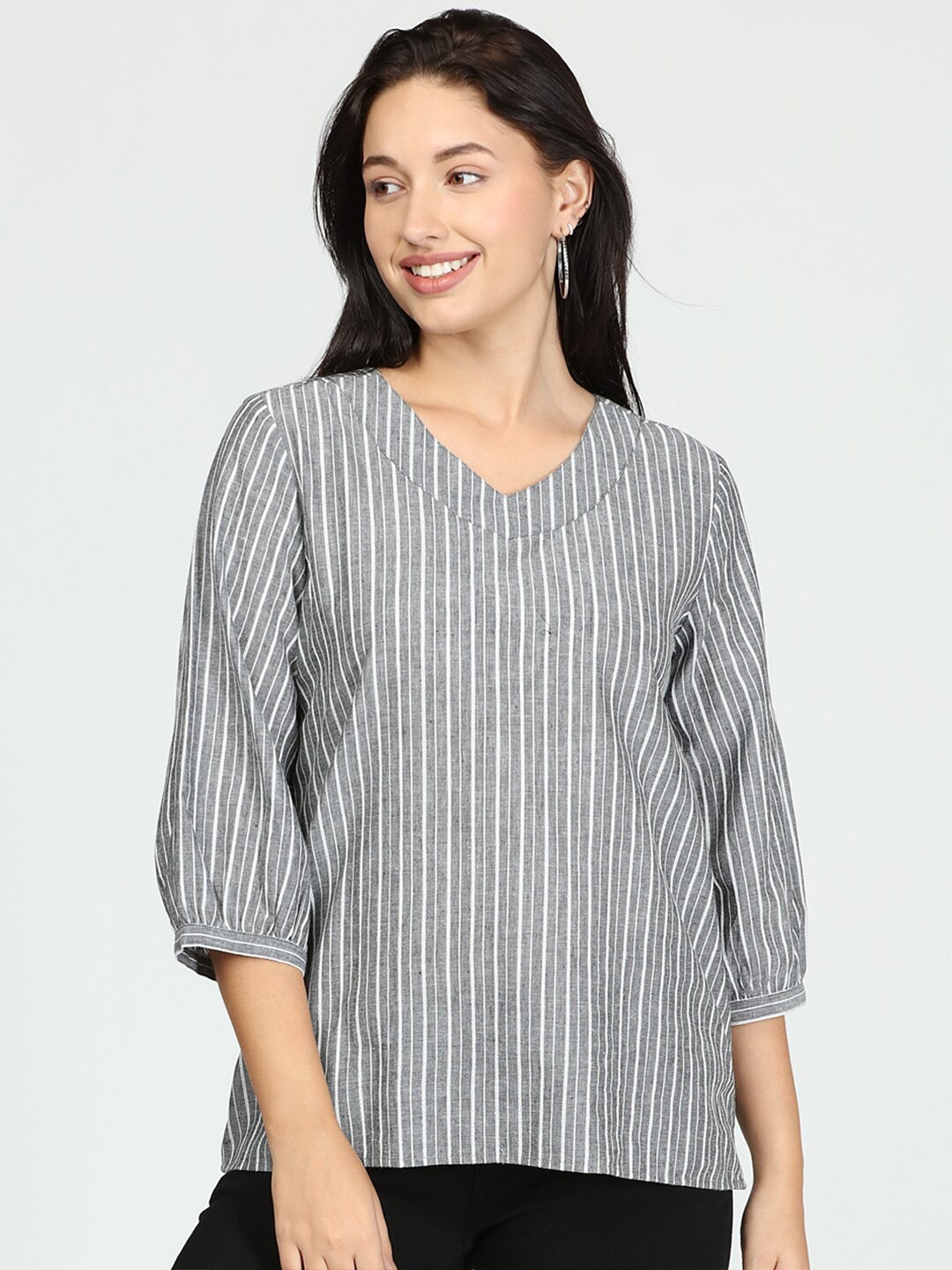 

IDK Women Grey & White Striped Cotton Top