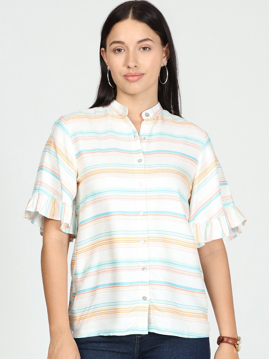 

IDK Cream-Coloured & Blue Striped Mandarin Collar Shirt Style Top