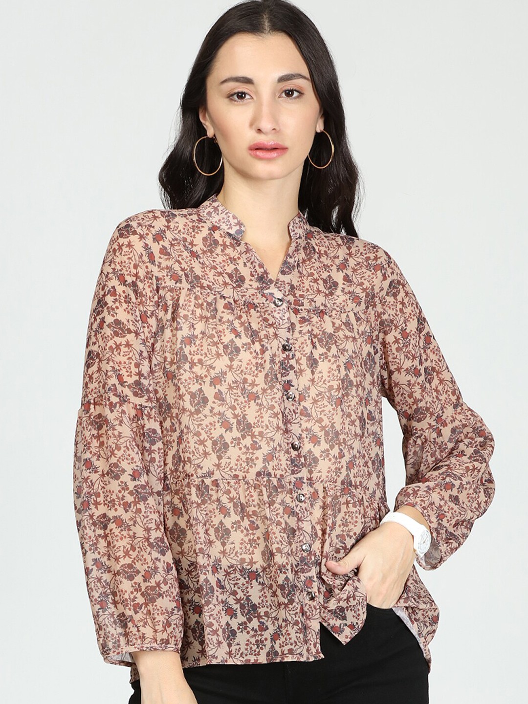 

IDK Cream-Coloured Floral Print Mandarin Collar Shirt Style Top
