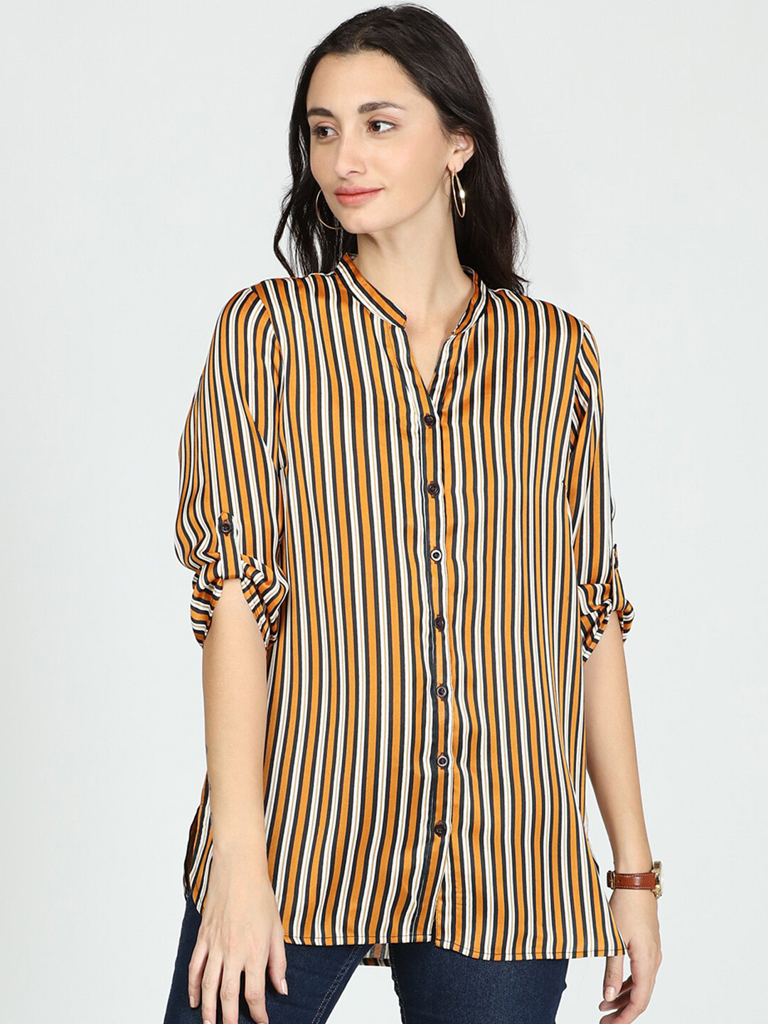

IDK Mustard Yellow & White Striped Mandarin Collar Roll-Up Sleeves Satin Shirt Style Top