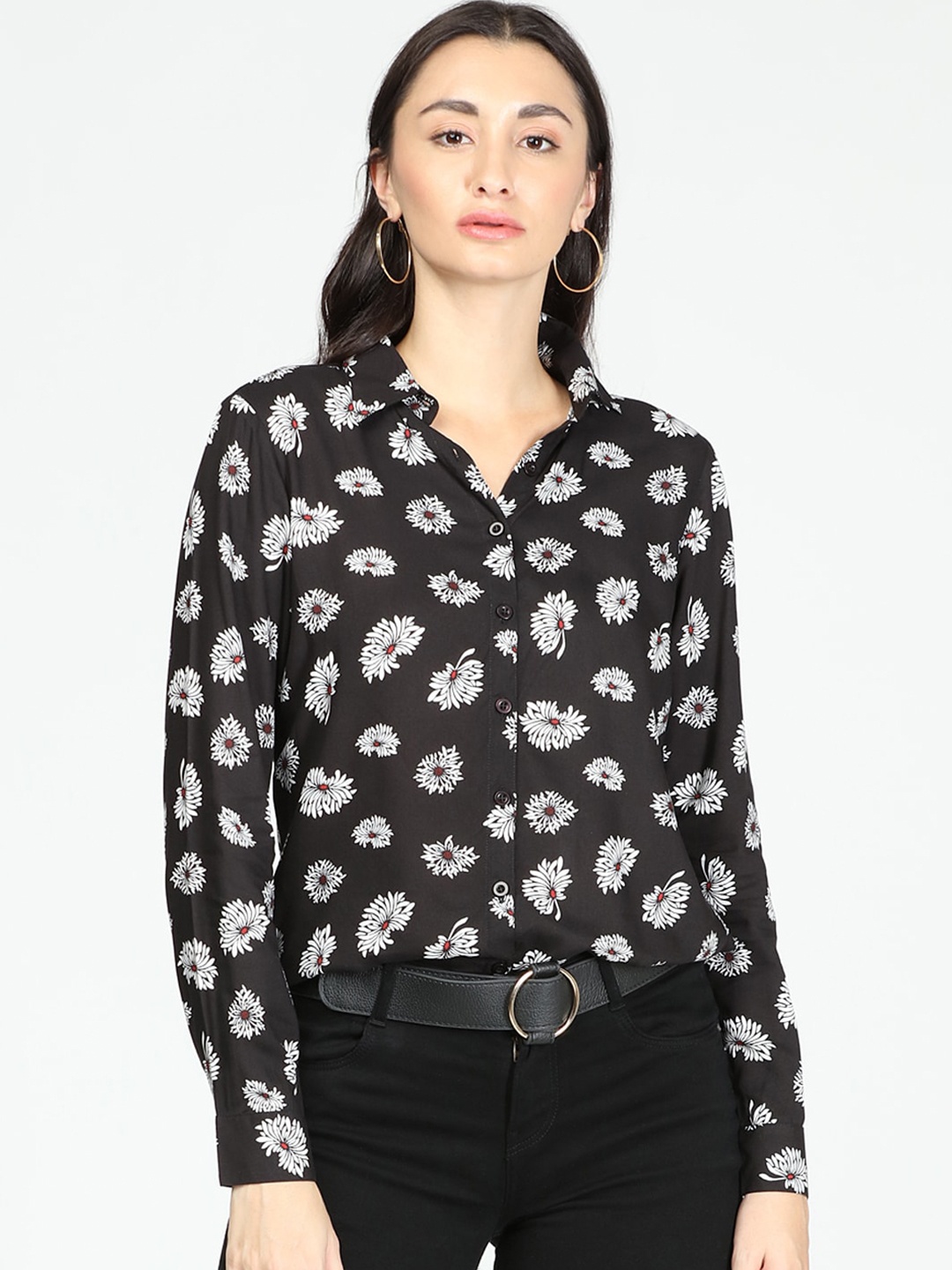 

IDK Women Black Floral Printed Shirt Style Top