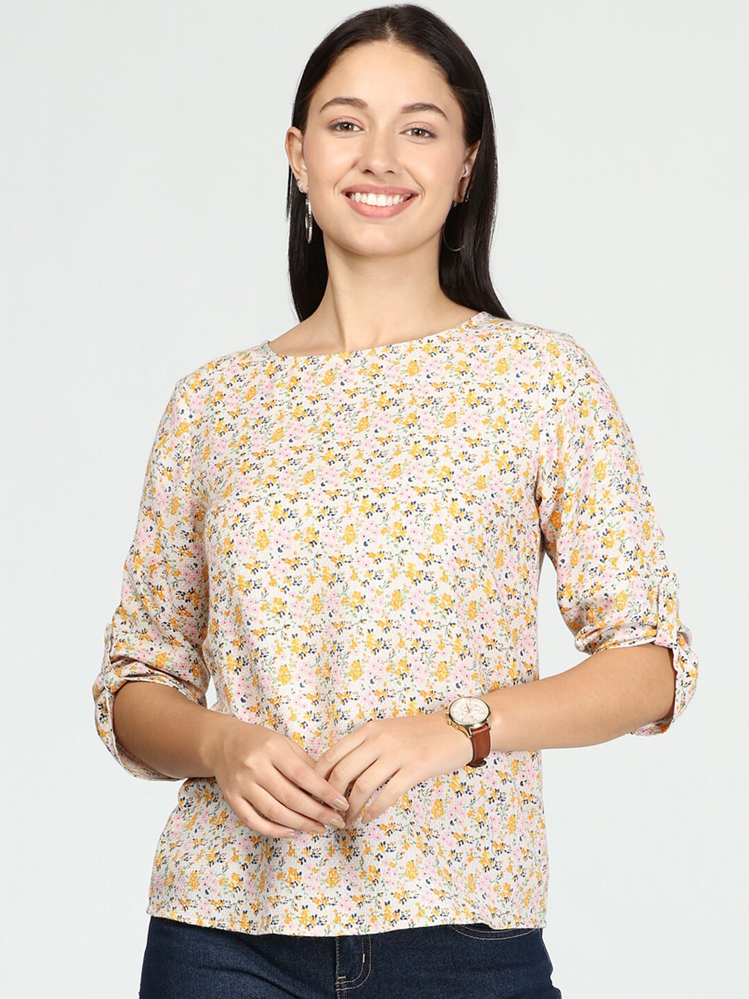 

IDK Women Cream-Coloured Floral Print Top