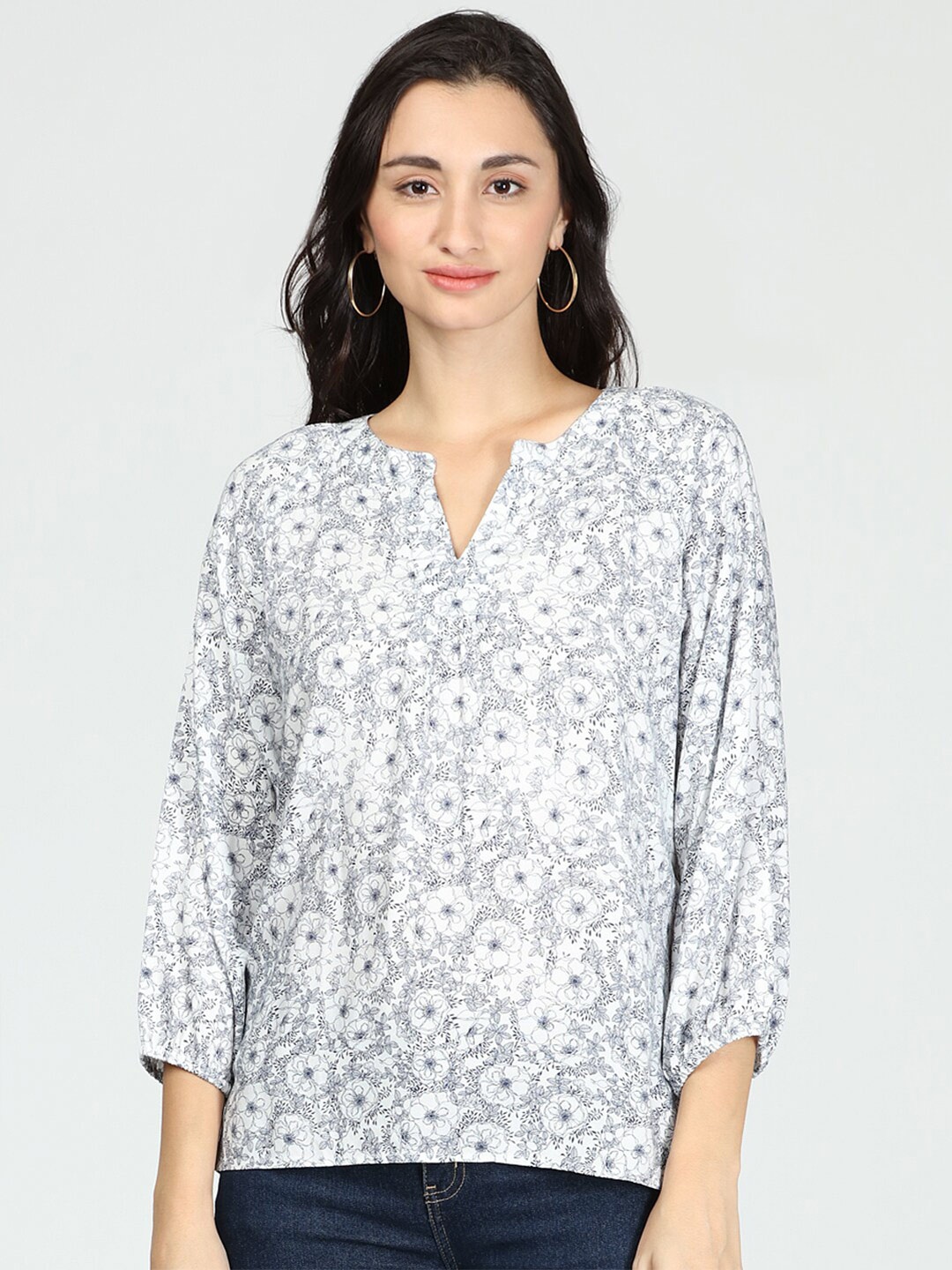 

IDK Women White Floral Printed Mandarin Collar Top