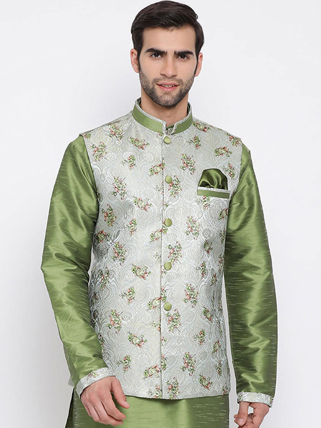 

VASTRAMAY Men Grey & Green Printed Woven Nehru Jacket
