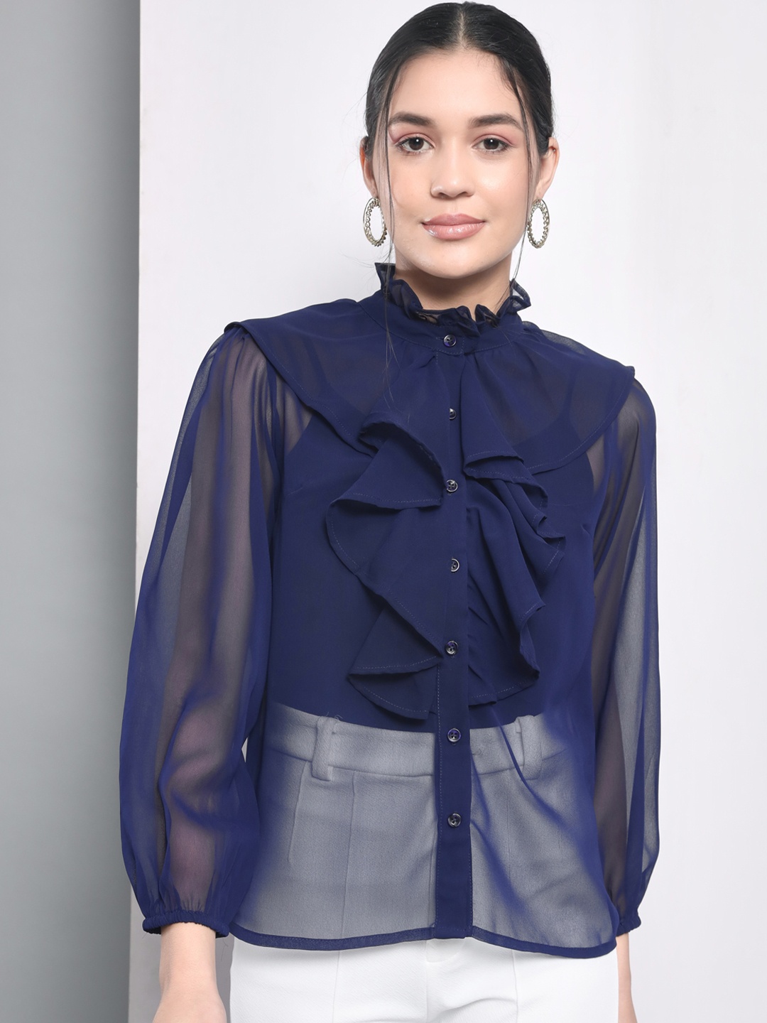

Trend Arrest Navy Blue Ruffles Shirt Style Top