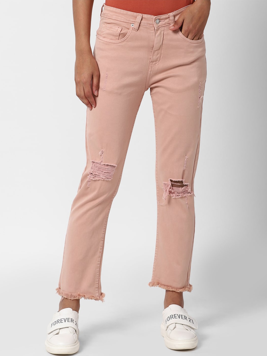 

FOREVER 21 Women Peach-Coloured Mildly Distressed Jeans