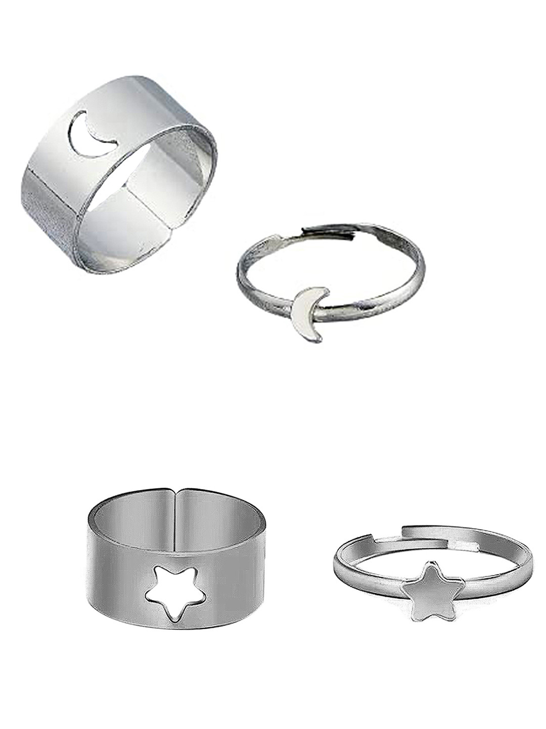

Vembley Women Combo of 4 Silver-Plated Star and Half Moon Double Rings