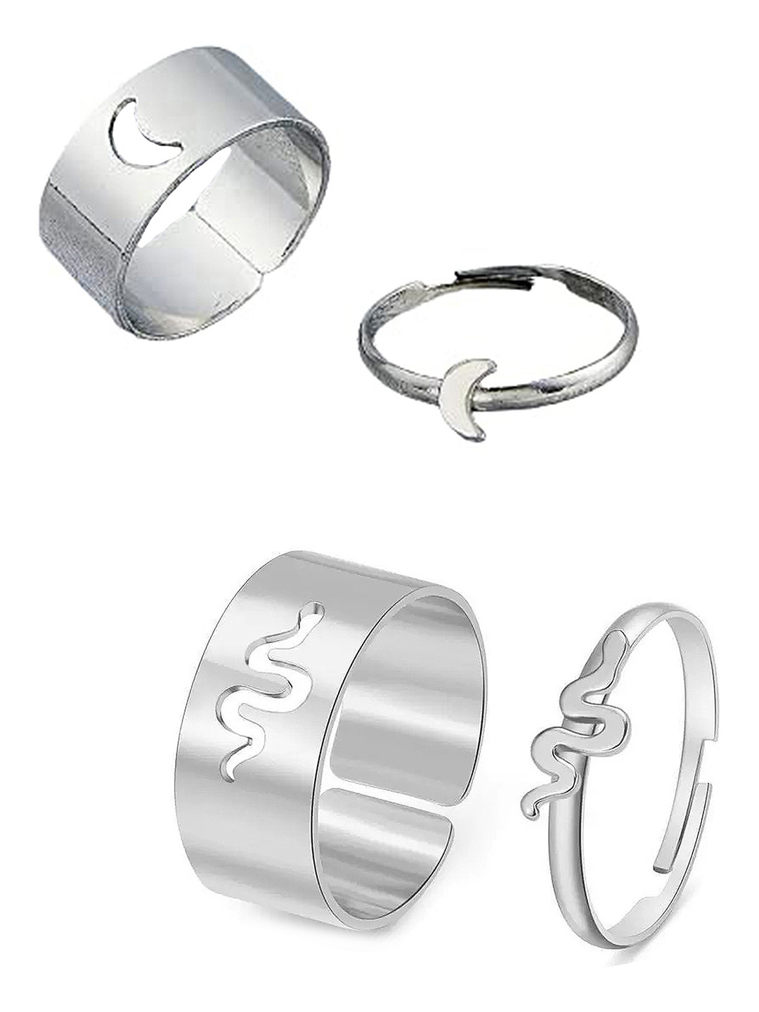 

Vembley Set of 4 Silver-Plated Half Moon & Snake Adjustable Couple Rings