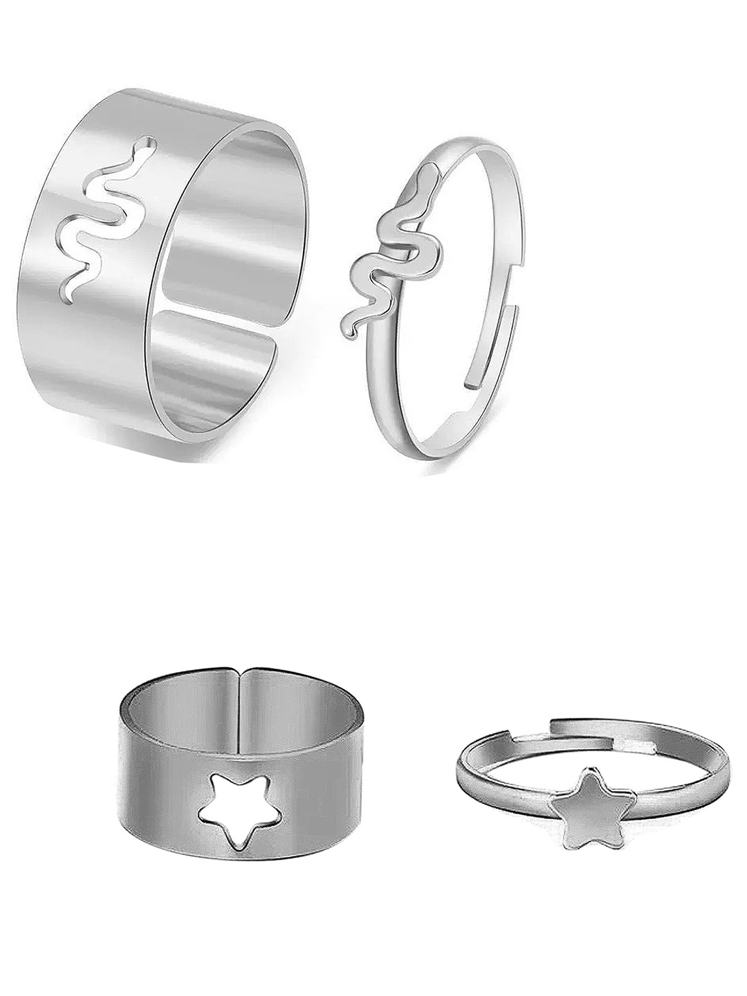 

Vembley Pack of 4 Silver Plated Star and Snake Couple Ring
