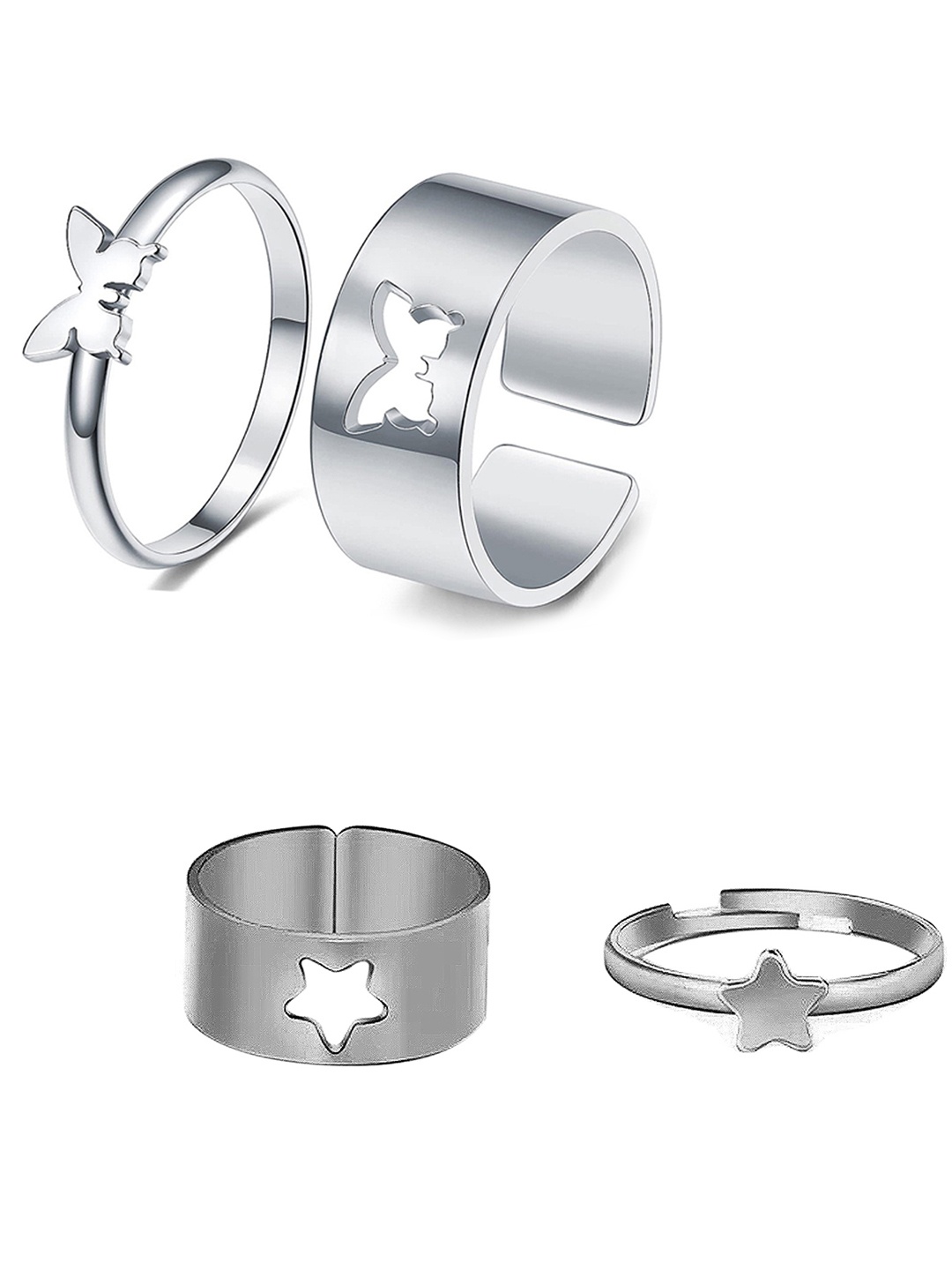 

Vembley Set of 4 Stylish Silver-Plated Star & Butterfly Couple Rings