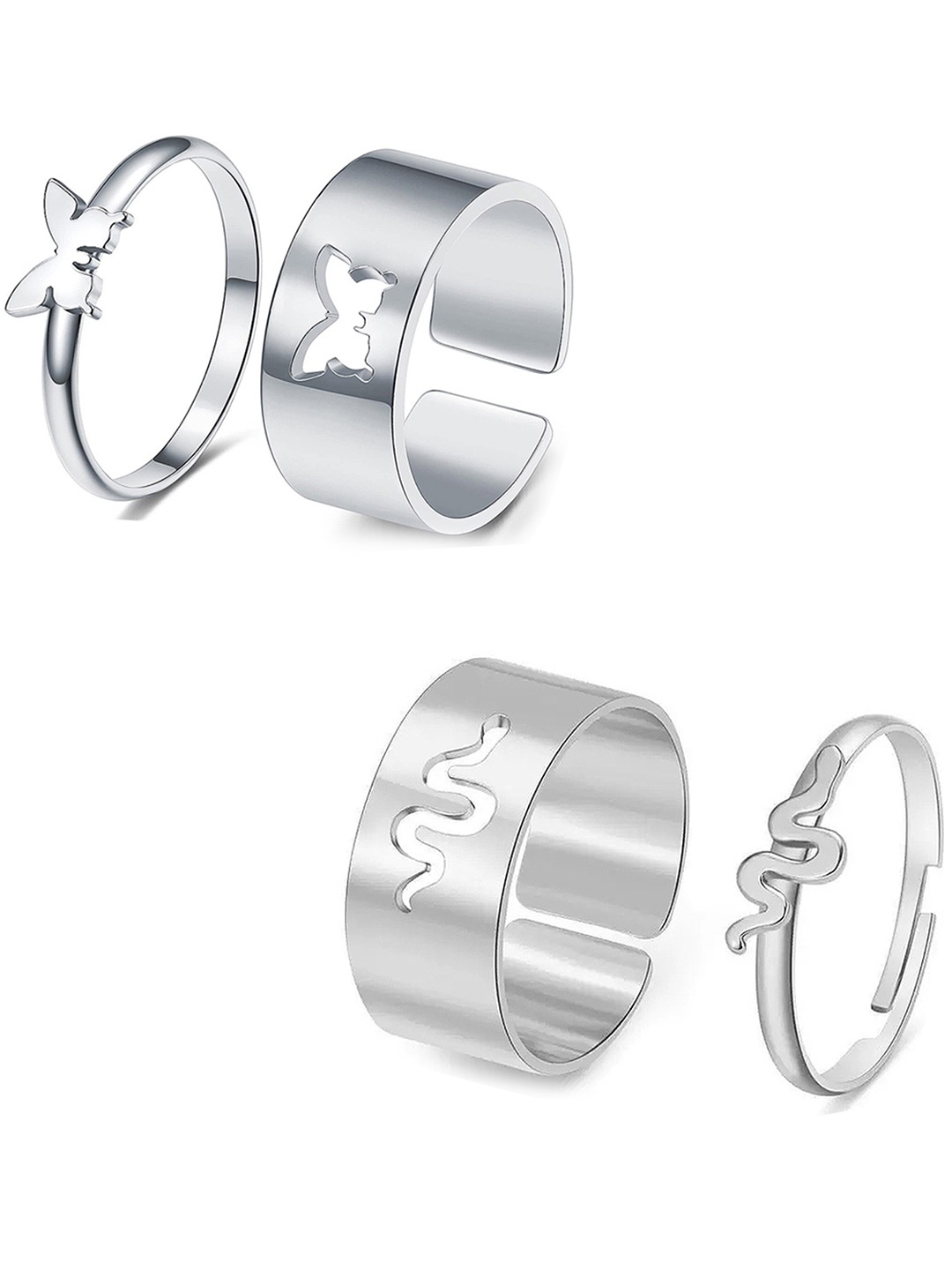 

Vembley Set Of 4 Silver Plated Snake & Butterfly Couple Ring