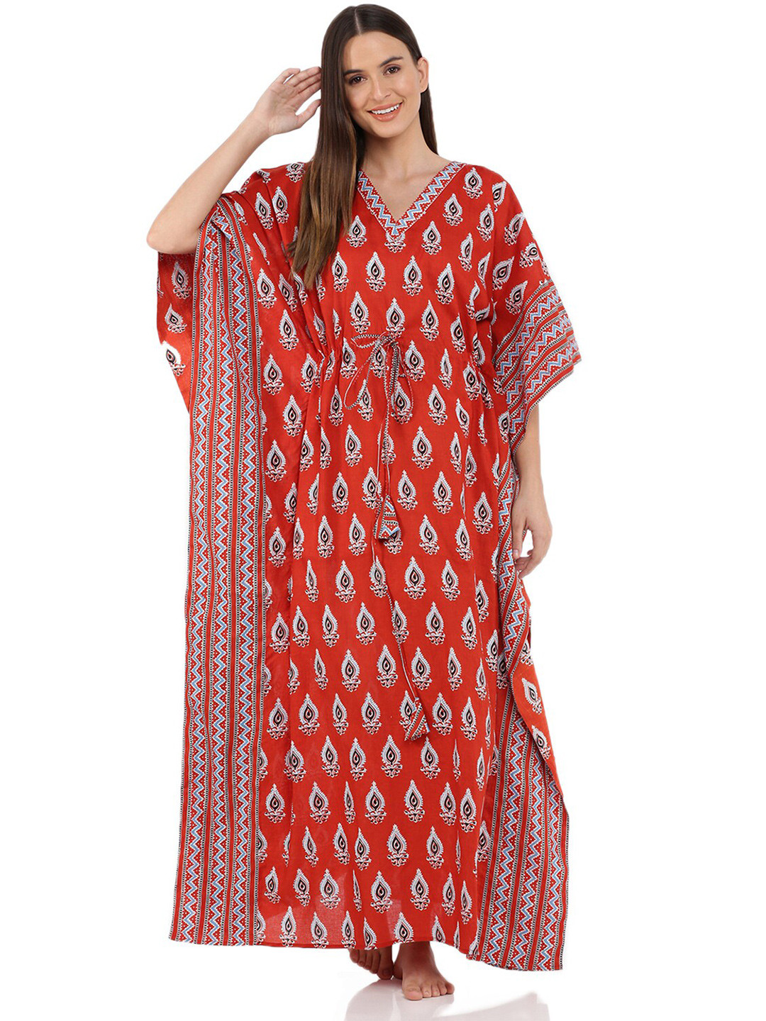 

9shines Label Women Red Printed Cotton Kaftan Nightdress