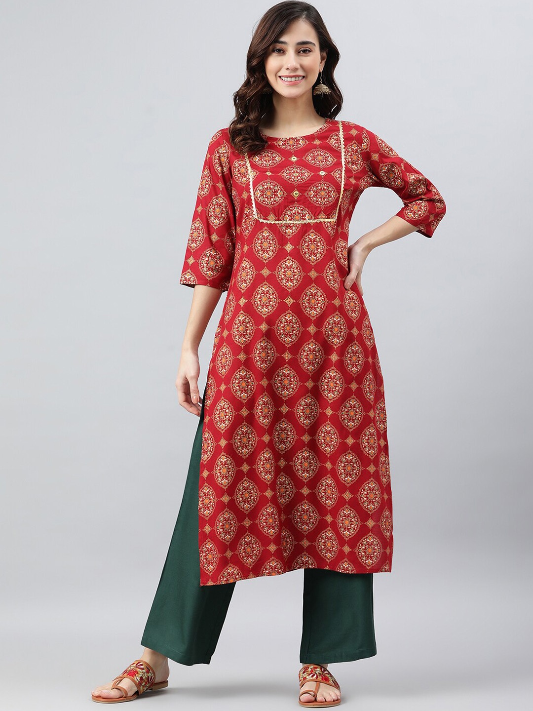 

Janasya Women Maroon Rayon Ethnic Motifs Kurta with Palazzo