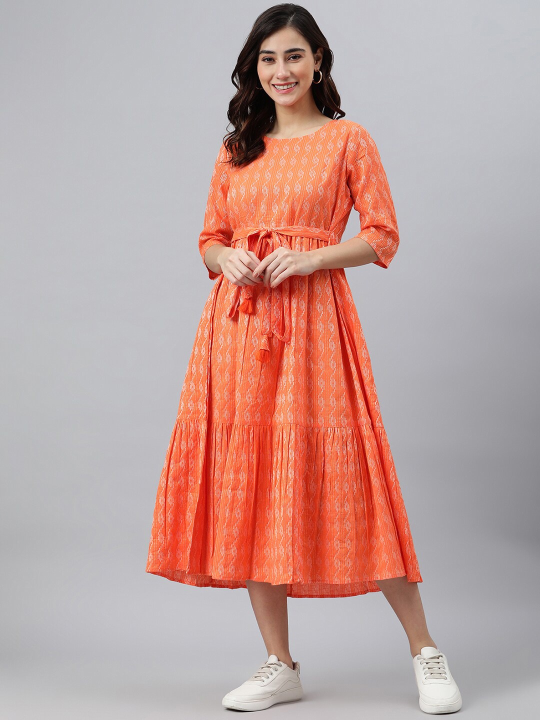 

Janasya Cotton Woven Design Tiered Dress, Orange