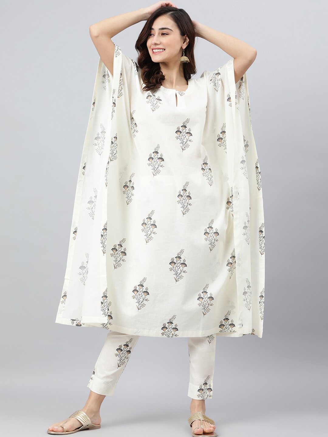 

Janasya Women Cream Cotton Floral Print Kaftan with Pant