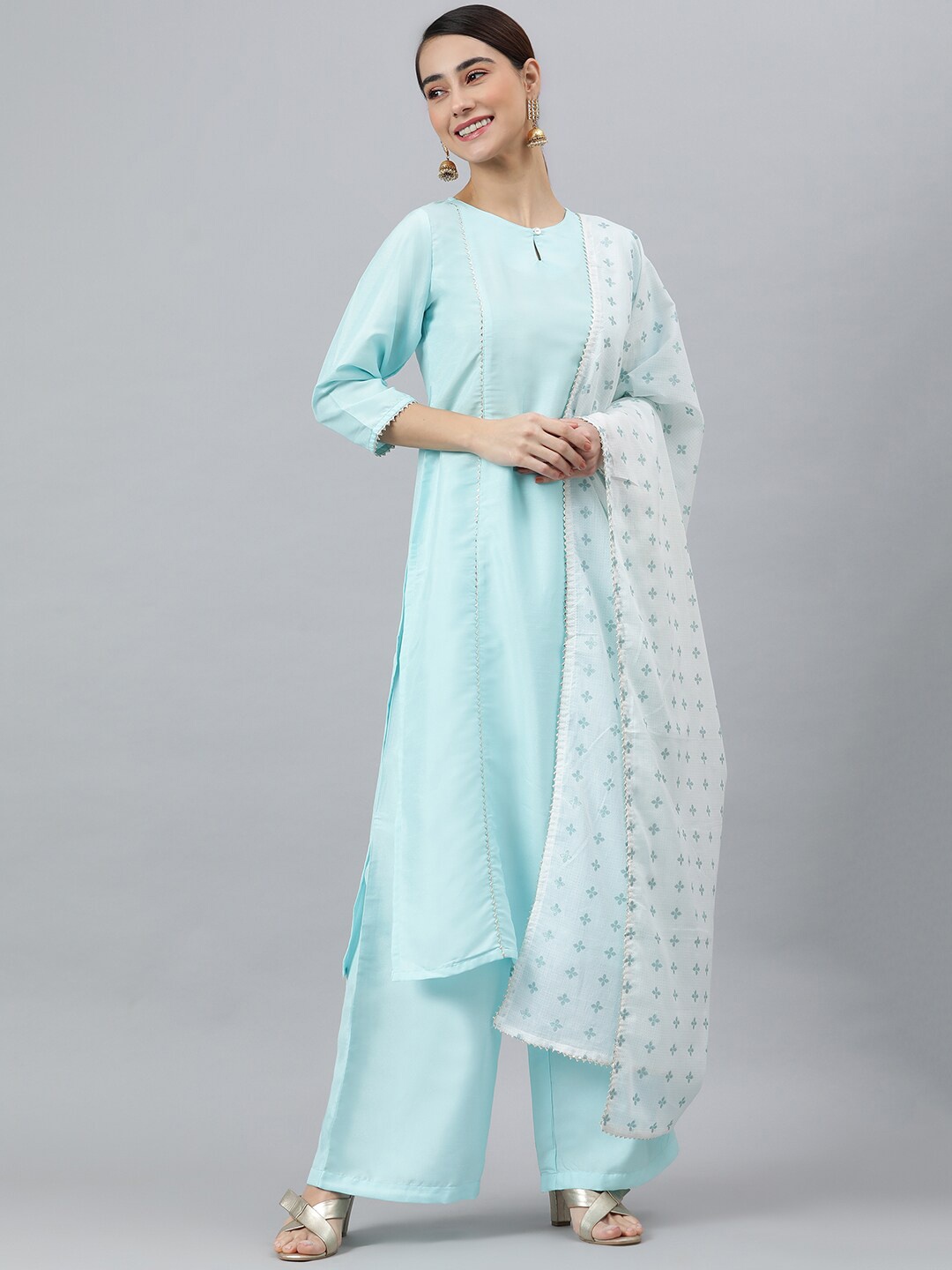 

Janasya Women Blue Gotta Patti Kurta Palazzo With Dupatta