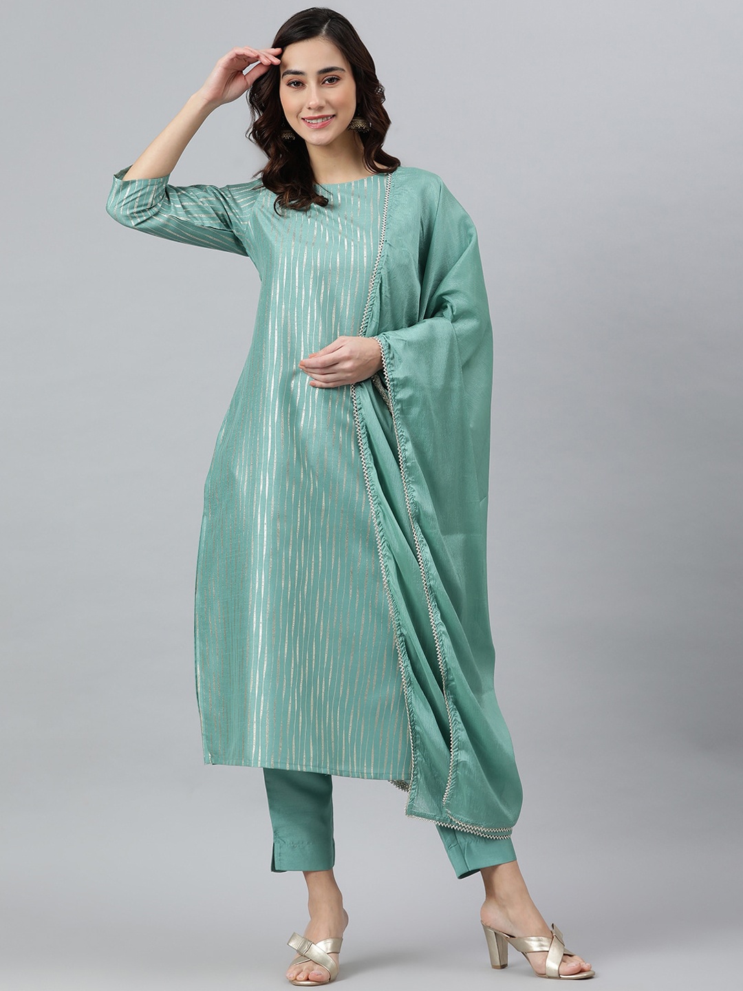 

Janasya Women Green Striped Kurta Set With Dupatta