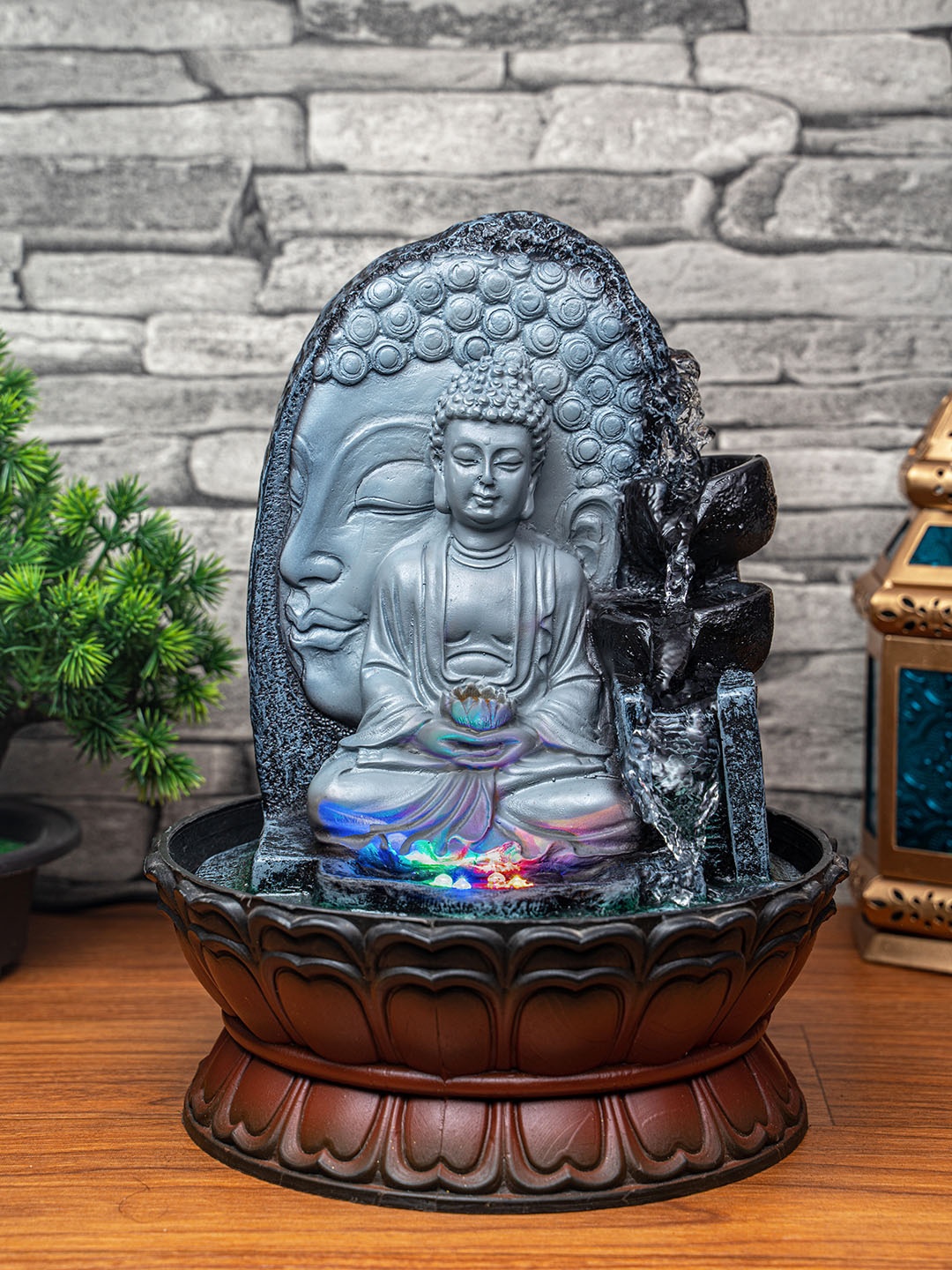 

TIED RIBBONS Grey & Brown Buddha Idol With LED Light Water Fountains