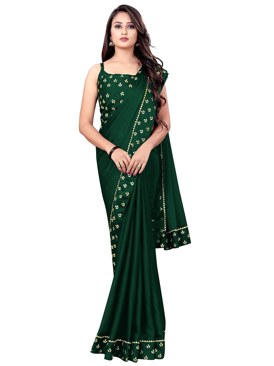 

Iris Green & Gold-Toned Embellished Gotta Patti Silk Cotton Saree