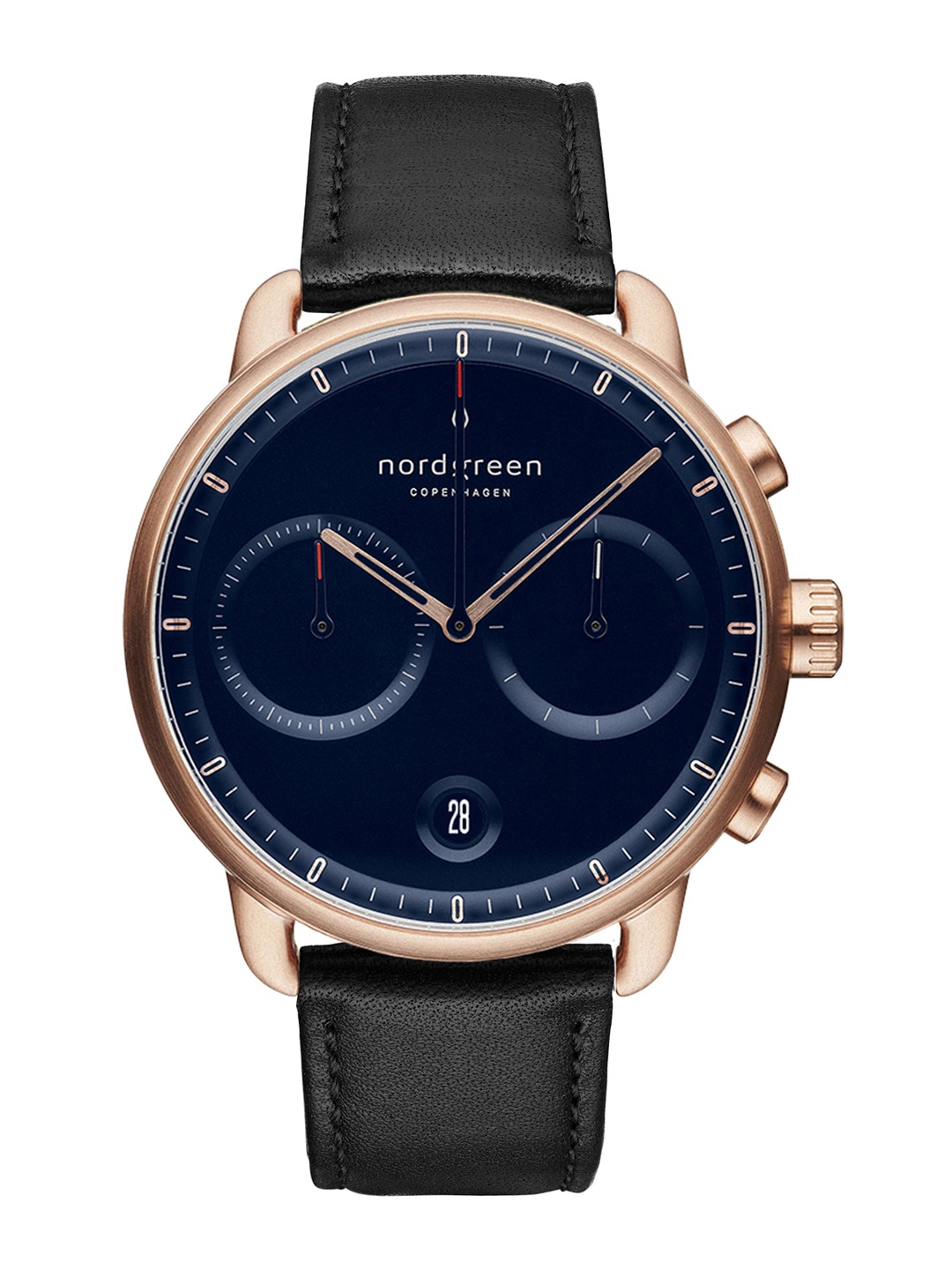 

Nordgreen Men Blue Dial & Black Leather Textured Straps Analogue Watch, Rose gold