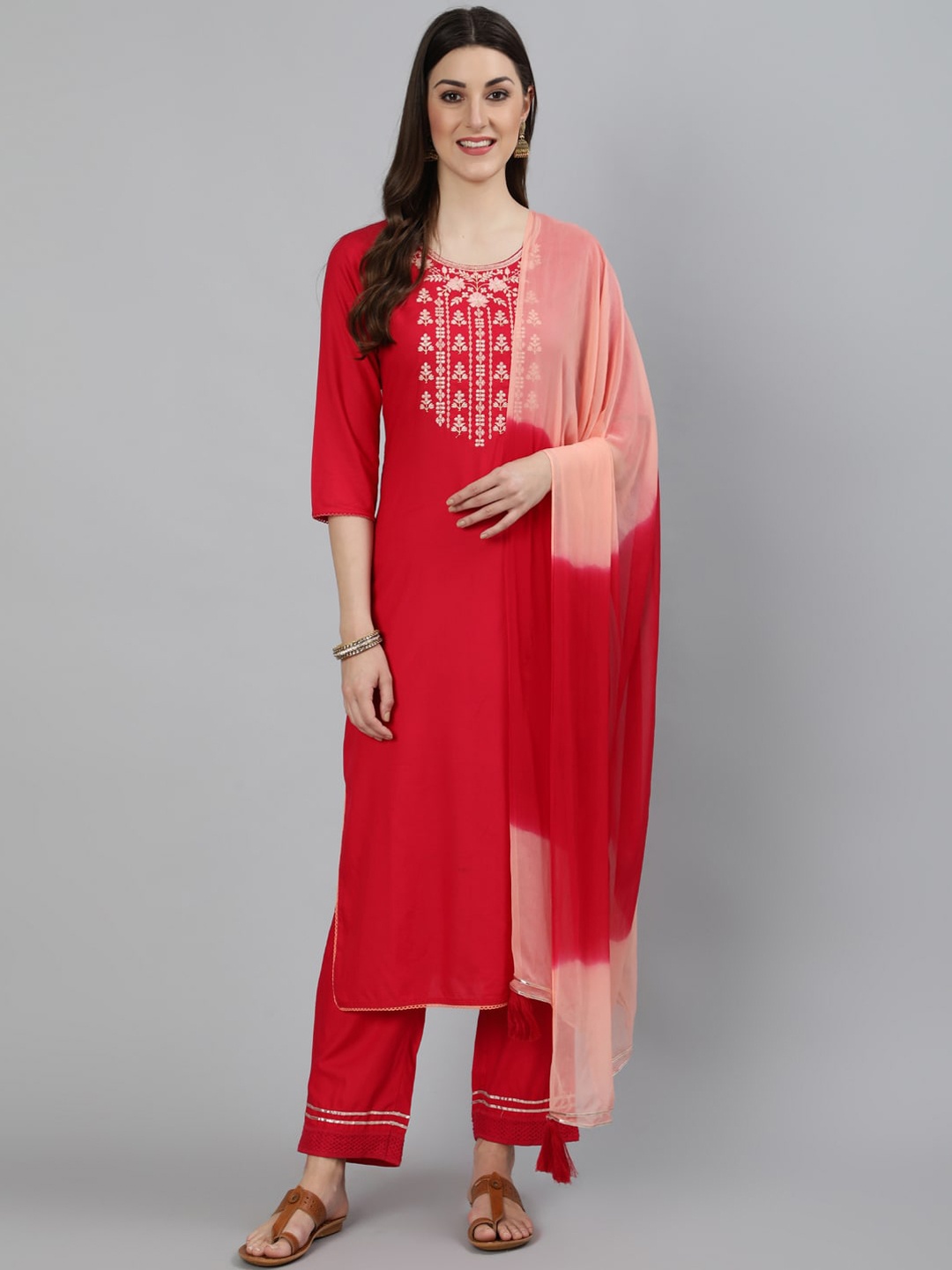 

KIMAYRA Women Coral Embroidered Kurti with Trousers & With Dupatta