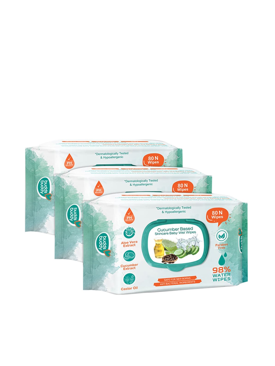 

BUDDSBUDDY Combo of 3 Cucumber Based Baby Wet Wipes With Lid Aloe vera Extract- 80 Pcs, White
