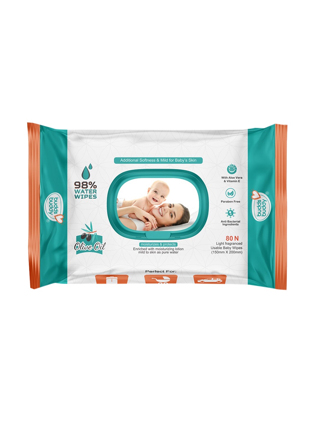 

BUDDSBUDDY Baby Wet Wipes With Lid Contains Aloe Vera 80 Pieces, White
