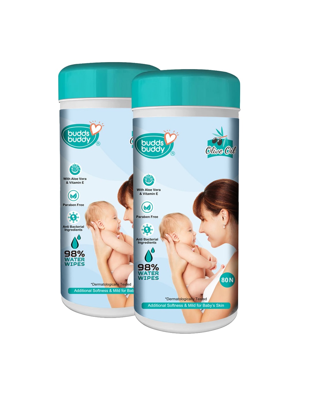 

BUDDSBUDDY Pack of 2 Olive Oil Baby Skincare Wet Wipes with Aloe Vera 80 Pulls Each, White