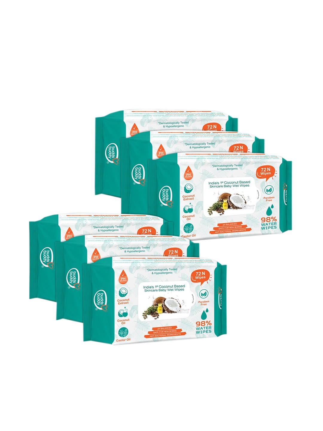

BUDDSBUDDY Infants Combo of 6 Skincare Wet Wipes With Coconut & Castor Oil - 72 Pulls Each, White