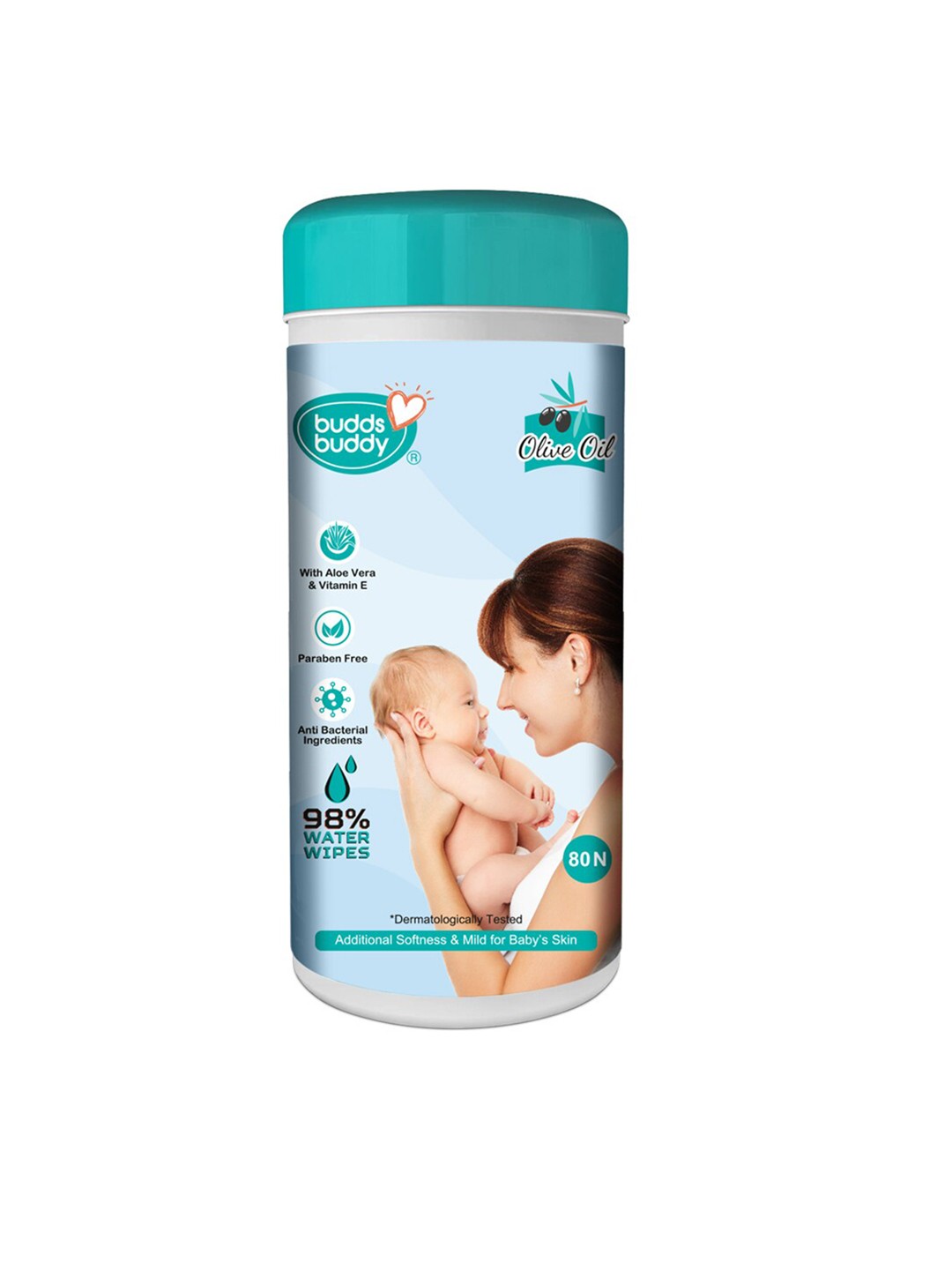 

BUDDSBUDDY Olive Oil & Aloe Vera Canister Wet Baby Wipes With Vit E 80 Pulls, White