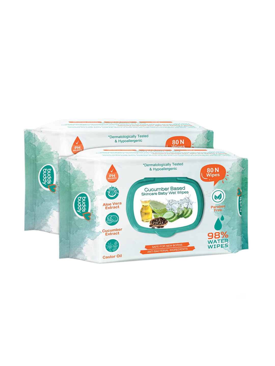 

BUDDSBUDDY Combo of 2 Cucumber Based Baby Wet Wipes With Lid Aloe vera Extract- 80 Pcs, White