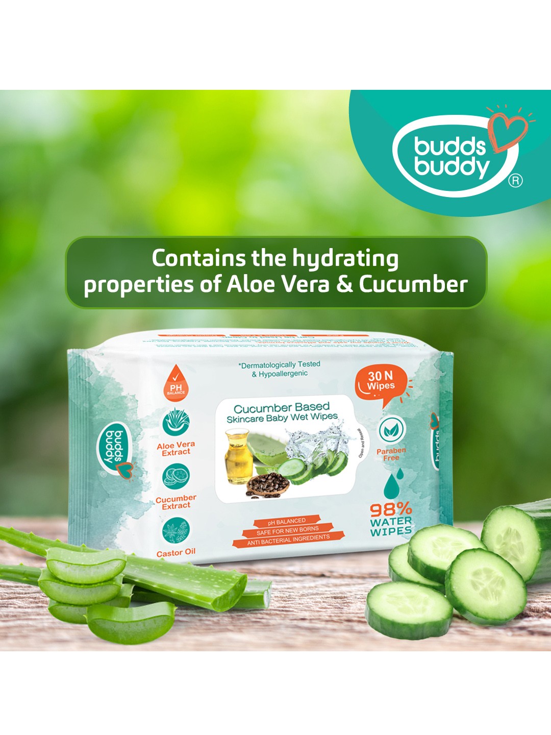 

BUDDSBUDDY Pack of 5 Aloe Vera & Cucumber Skincare Baby Wipes 30 Pulls Each, White
