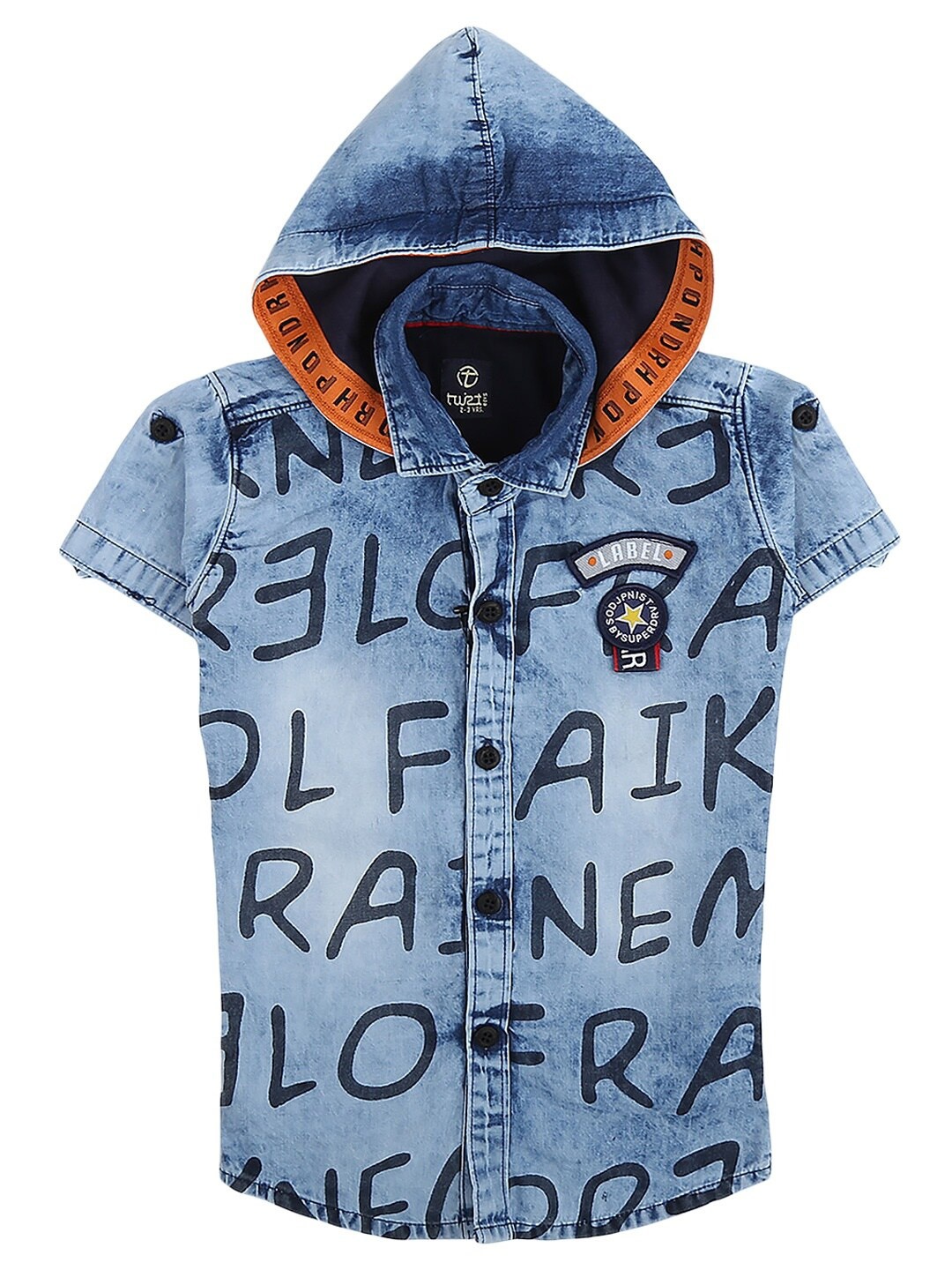 

V-Mart Boys Blue & Black Classic Printed Hooded Cotton Denim Casual Shirt