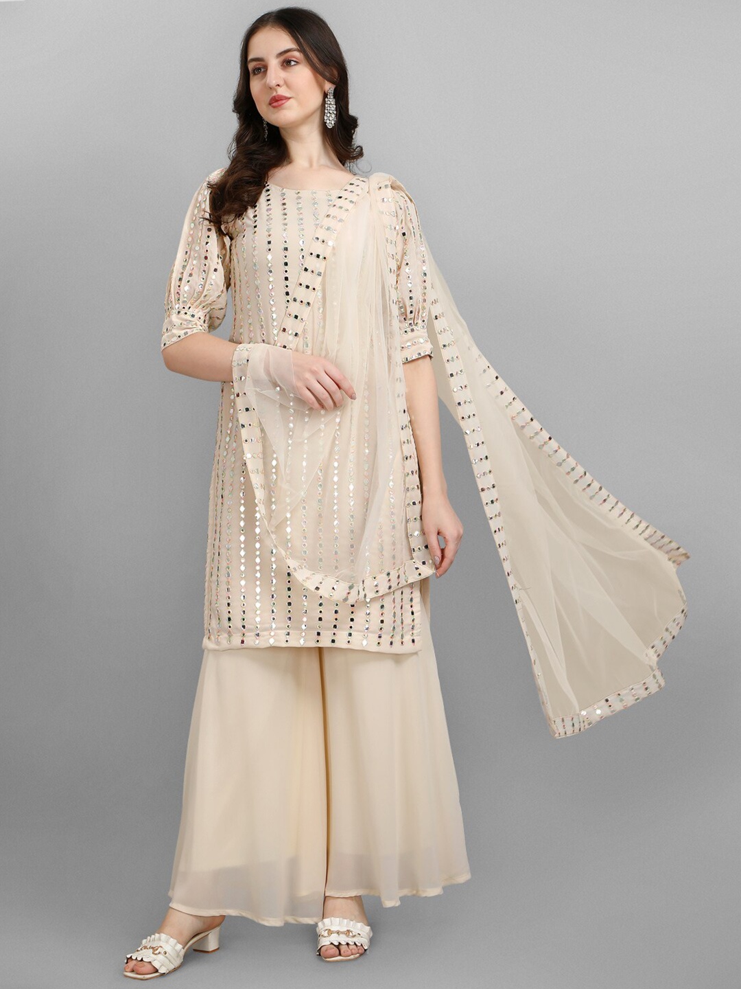 

JATRIQQ Beige & Gold-Toned Embellished Silk Georgette Semi-Stitched Dress Material