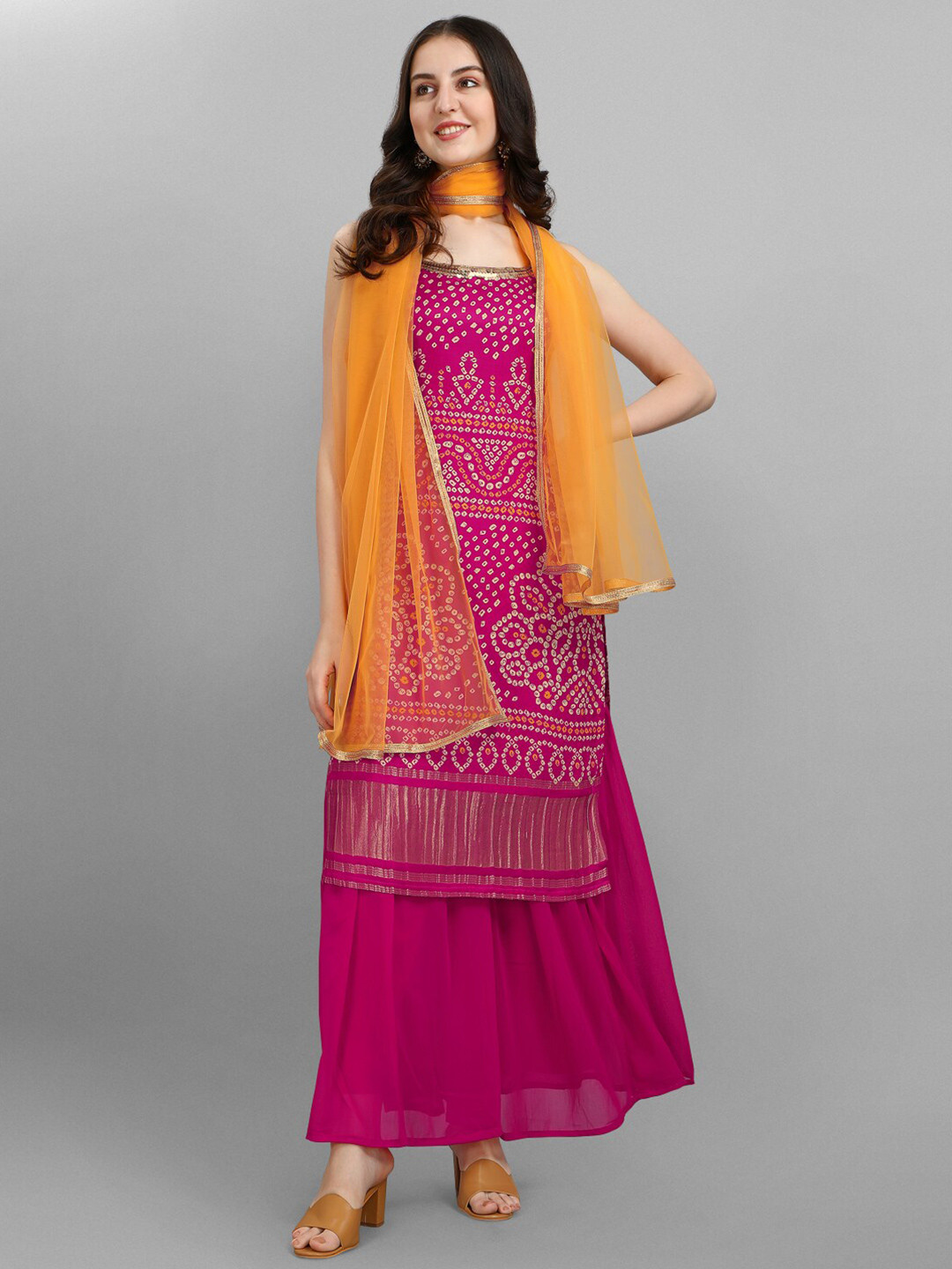

JATRIQQ Pink & Orange Printed Pure Silk Semi-Stitched Dress Material