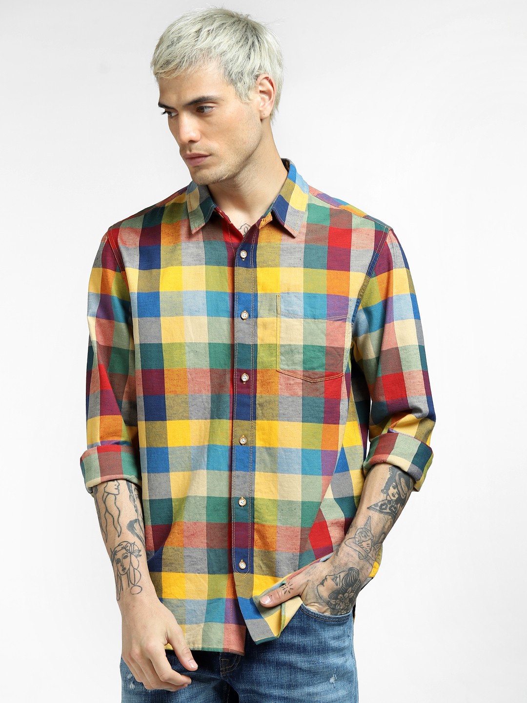 

Jack & Jones Men Yellow Slim Fit Tartan Checked Casual Shirt
