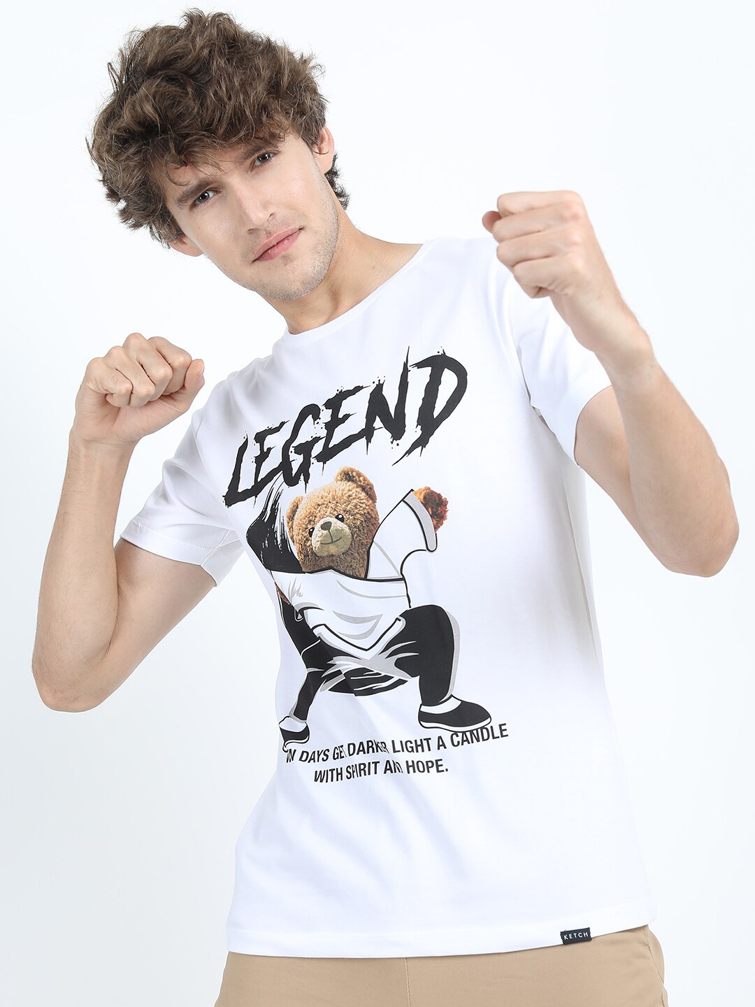 KETCH Men White & Black Printed Slim Fit T-shirt