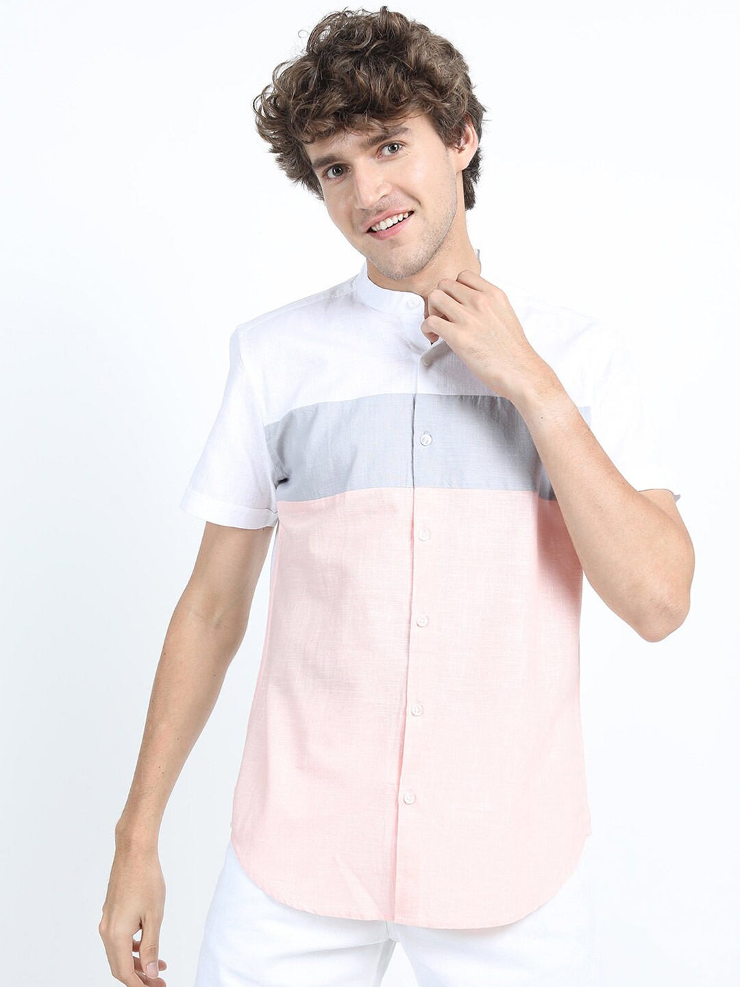 

KETCH Men White & Pink Colourblocked Slim Fit Cotton Casual Shirt