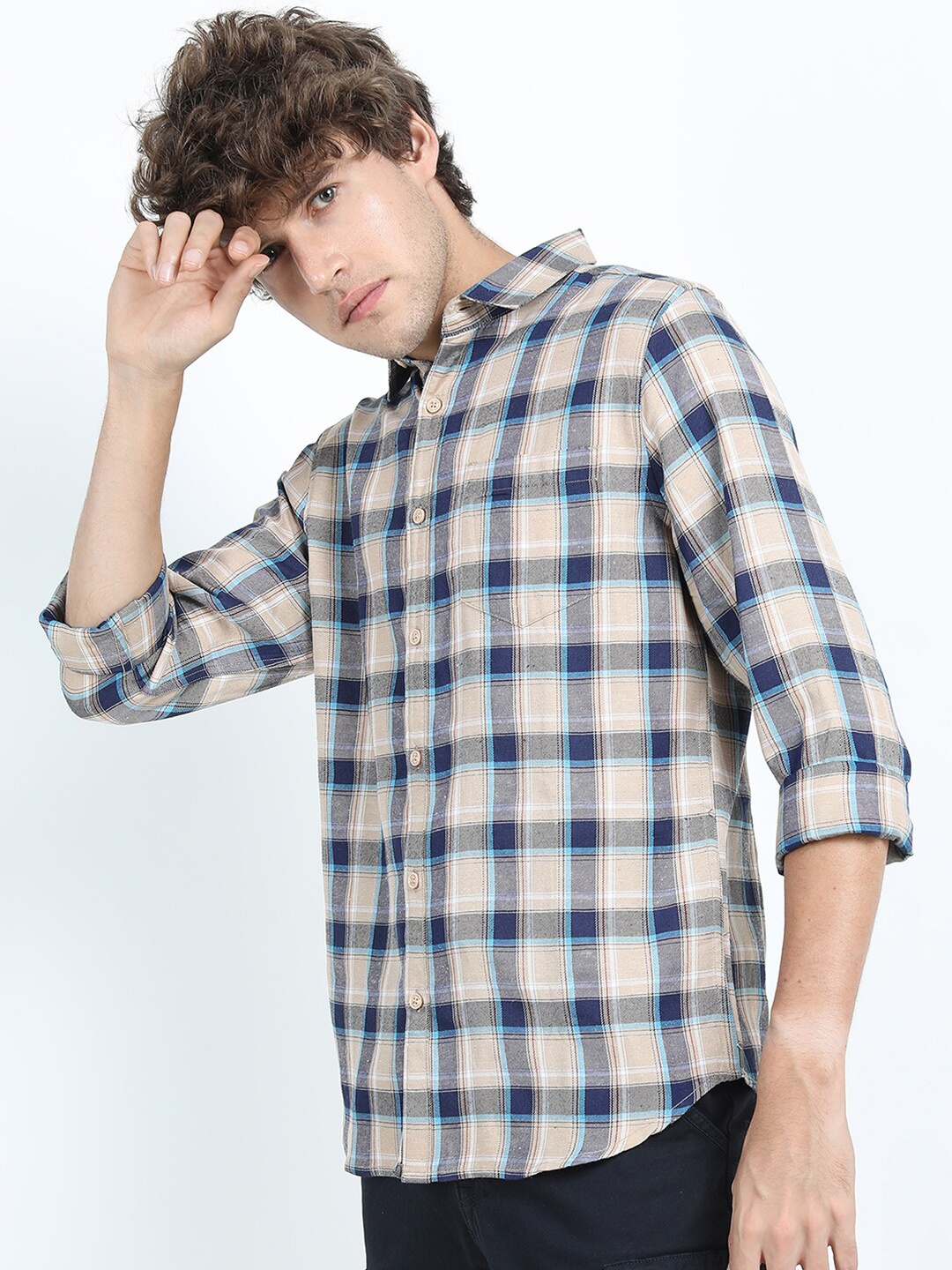 

KETCH Men Beige Slim Fit Tartan Checks Checked Casual Shirt