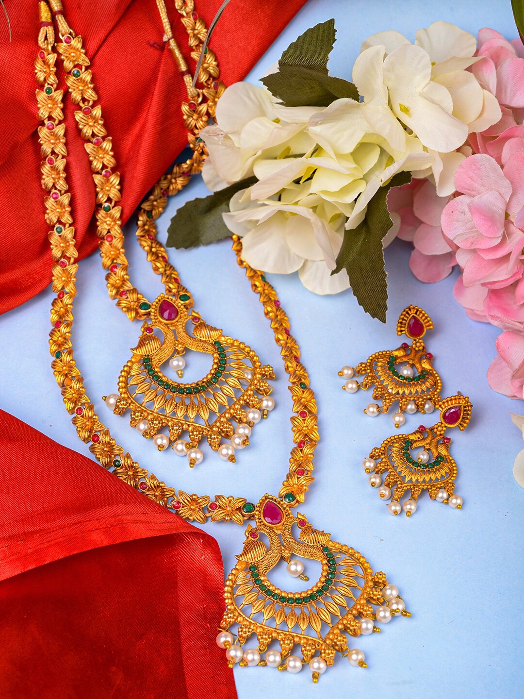 

Saraf RS Jewellery Gold-Plated Red & Green Bridal Temple Jewellery Set