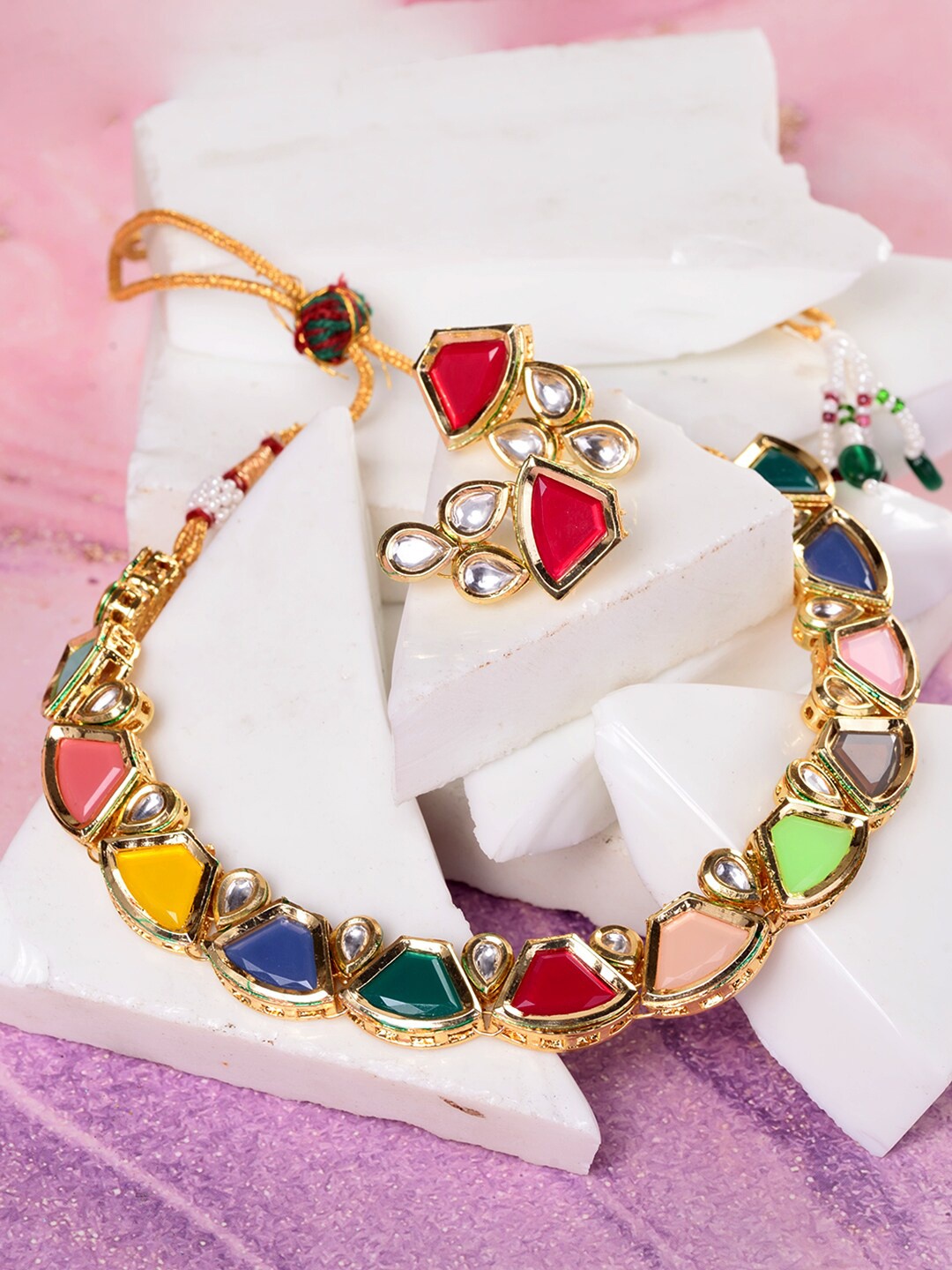 

Saraf RS Jewellery Gold-Plated Multicolour Kundan-Studded Jewellery Set, Multi