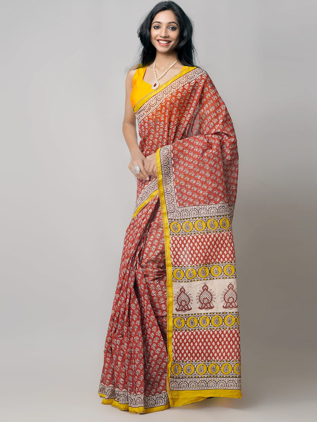 

Unnati Silks Red Kalamkari Silk Cotton Chanderi Saree