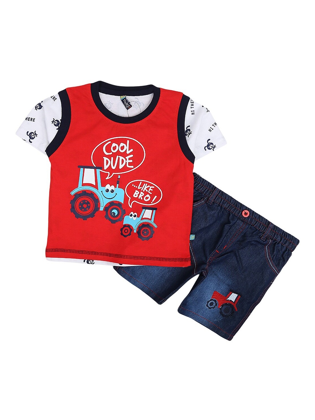 

V-Mart Unisex Kids Red & Blue T-shirt with Denim Shorts