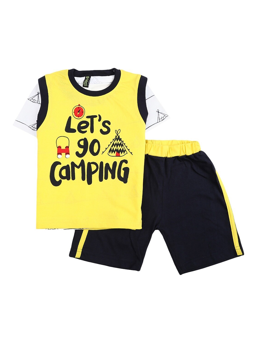

V-Mart Unisex Kids Yellow & Black Printed Pure Cotton T-shirt with Shorts