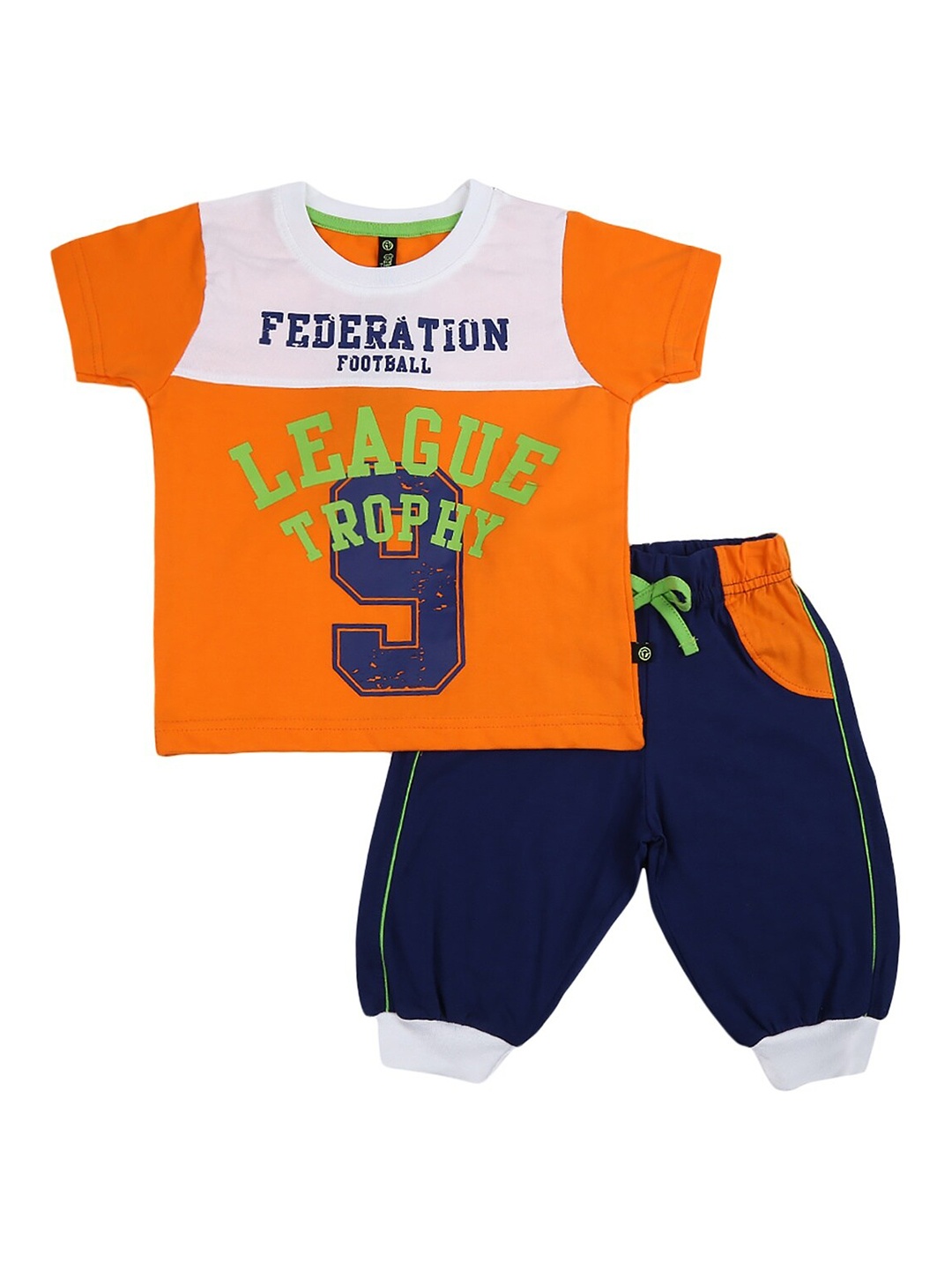 

V-Mart Kids Orange & Navy Blue Printed Cotton T-shirt with Shorts