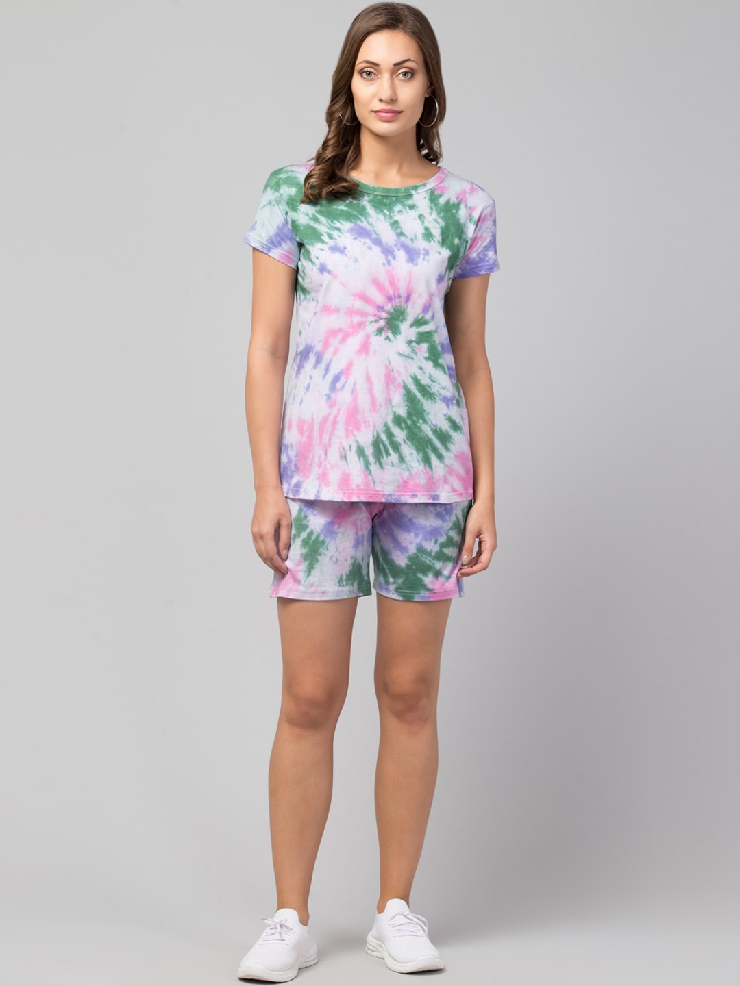 

FurryFlair Women Multicoloured Tie & Dye T-Shirt With Shorts, Multi
